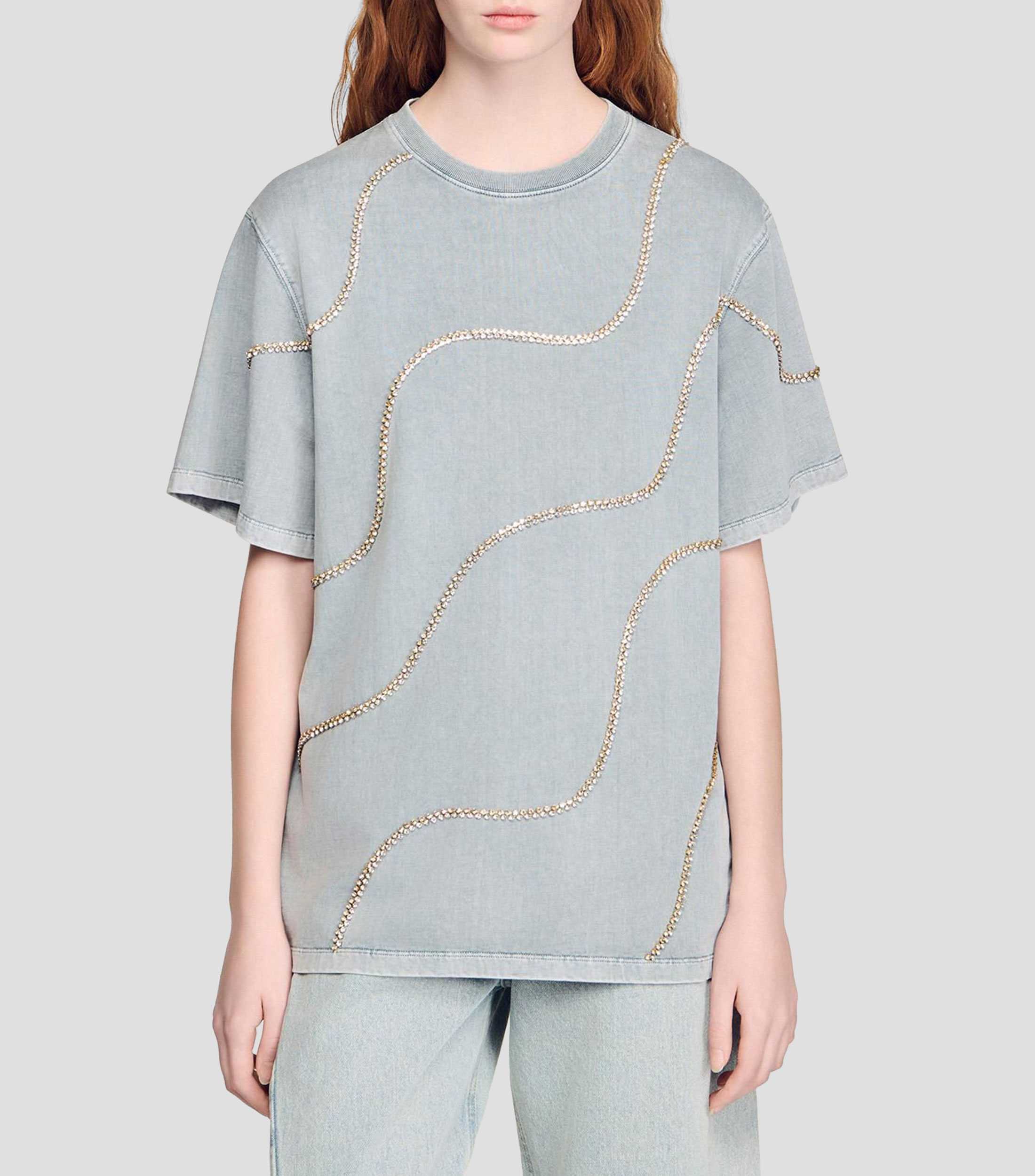 Playera cuello redondo manga corta con microdiseños Mujer