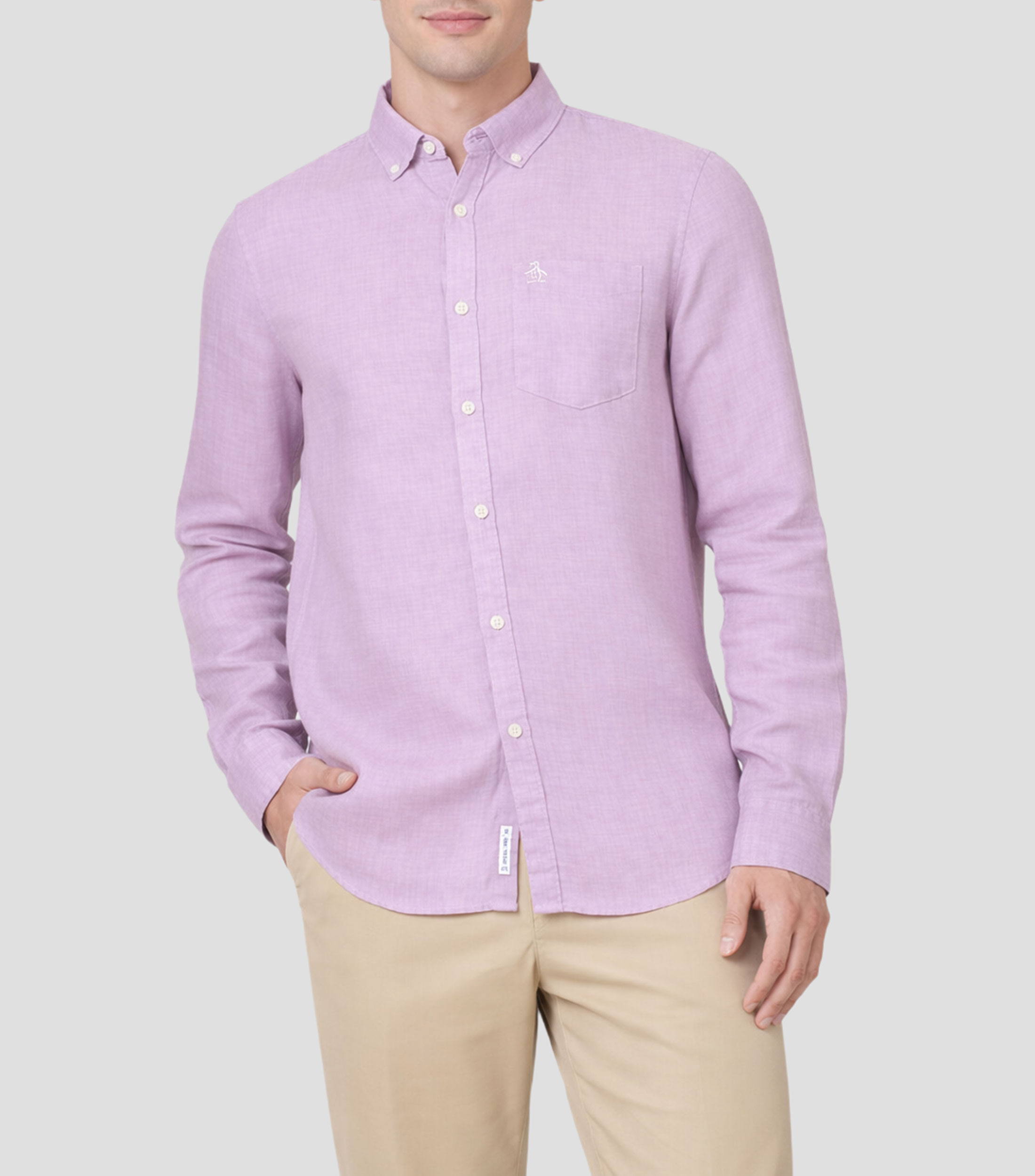 Camisa lisa en lino con manga larga Hombre