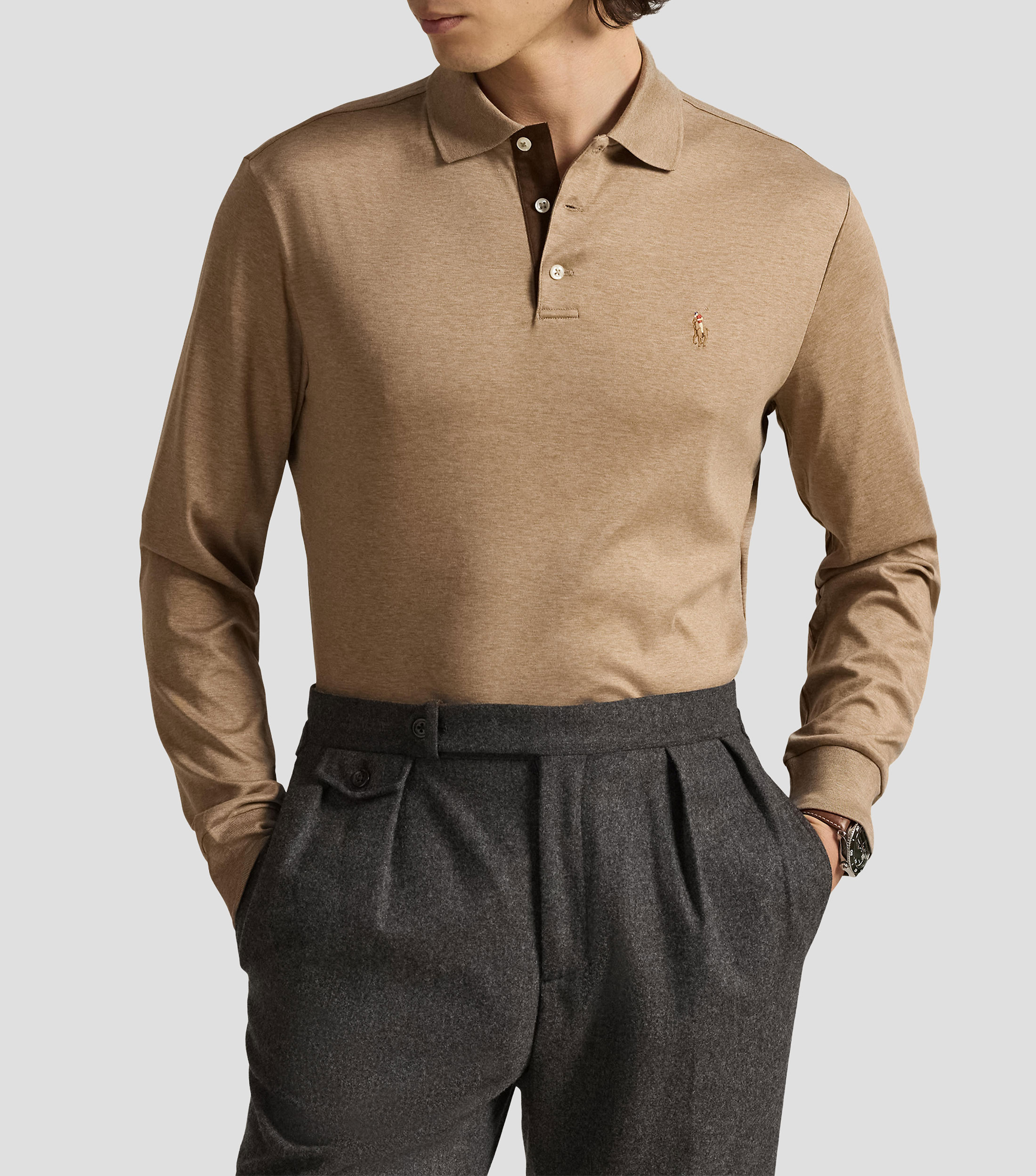 Playera tipo polo manga larga jaspeada Hombre