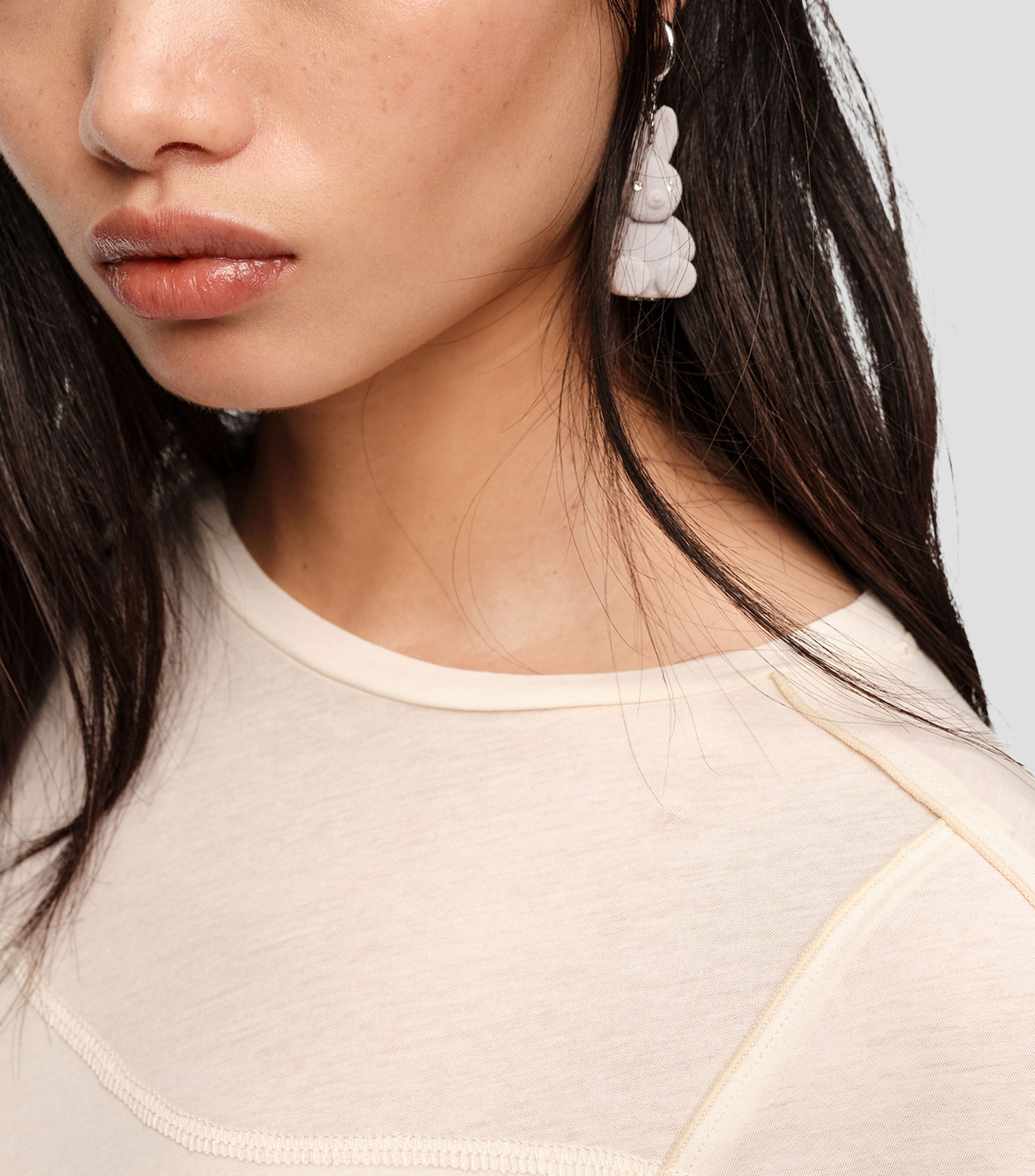 Pendientes aro conejo flocado gris Mujer