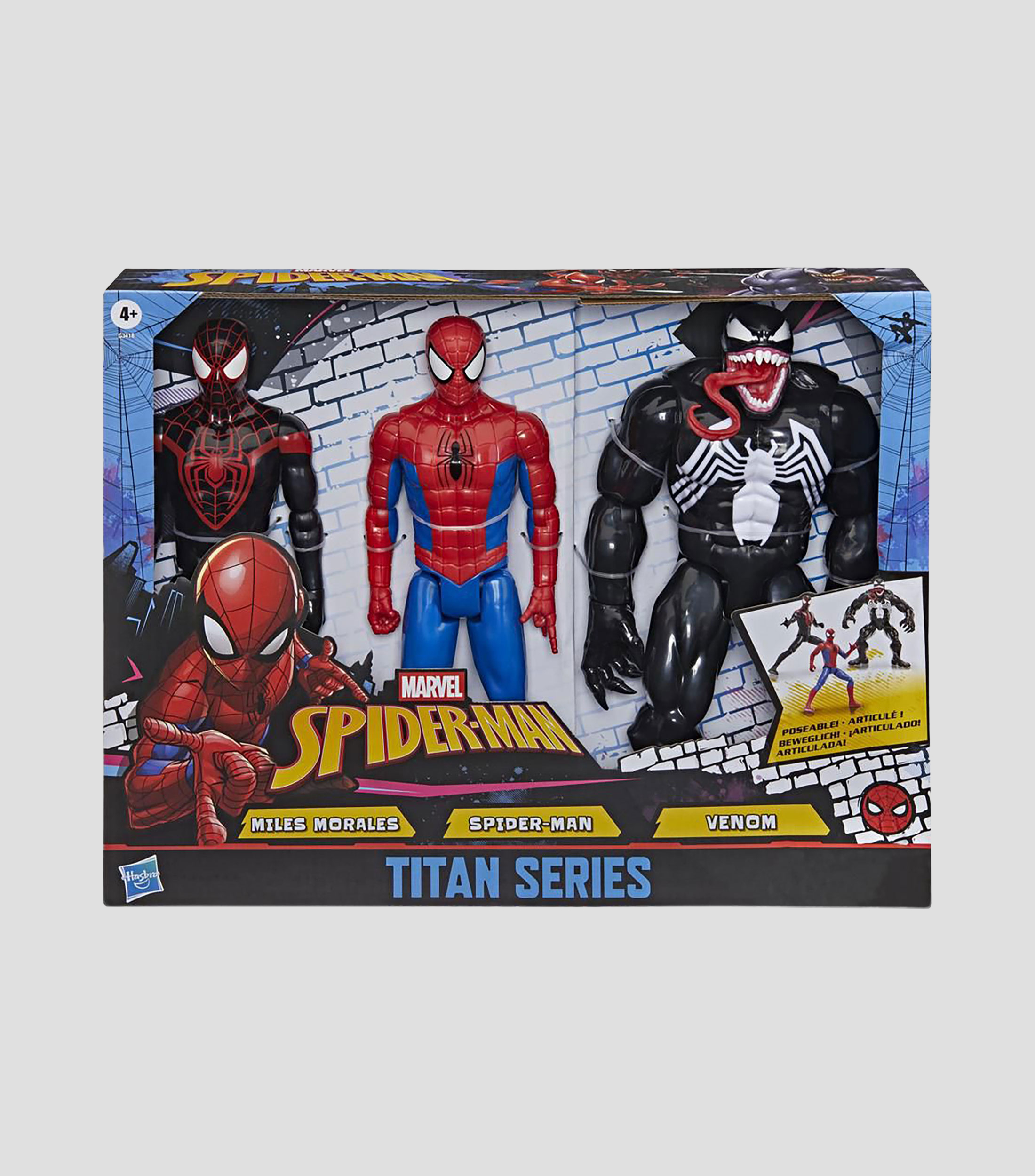 Figura de acción Spider-Man Titan Series: Spider-Man, Miles Morales y Venom