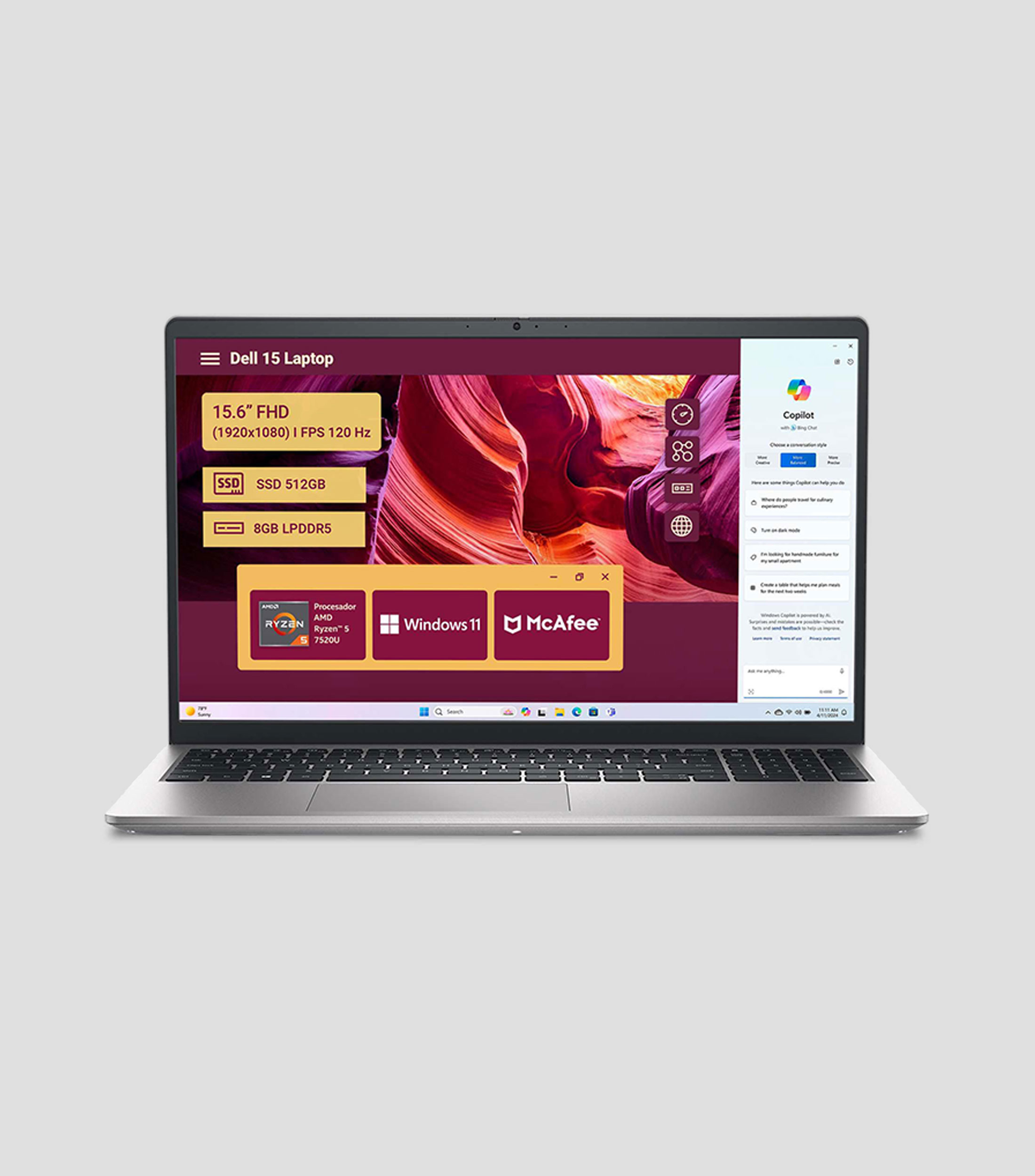 Laptop Dell 15, 15.6" AMD Ryzen 5 7520U, RAM 8 GB, SSD 512 GB