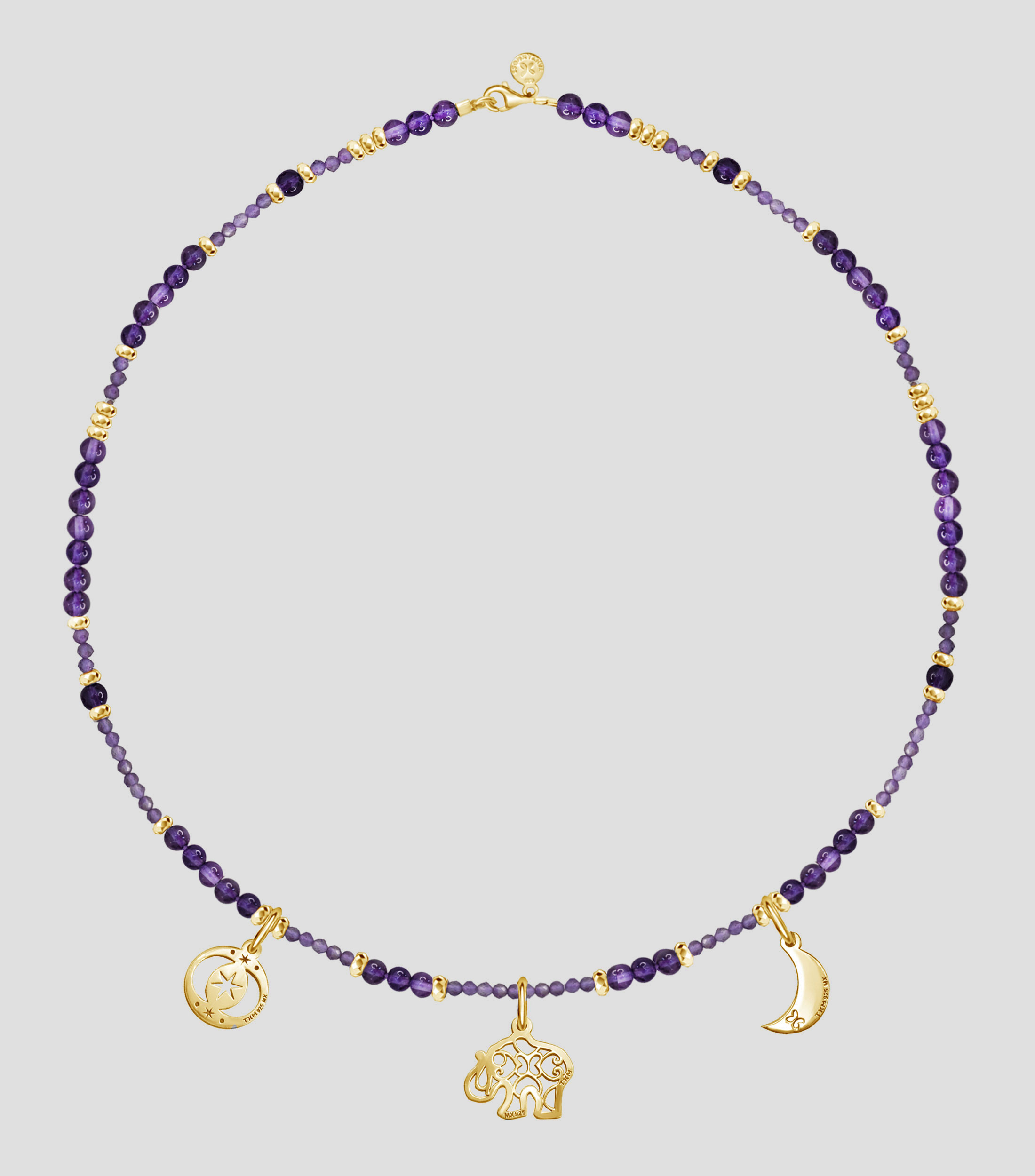Collar en plata con tres charms y amatista Mujer