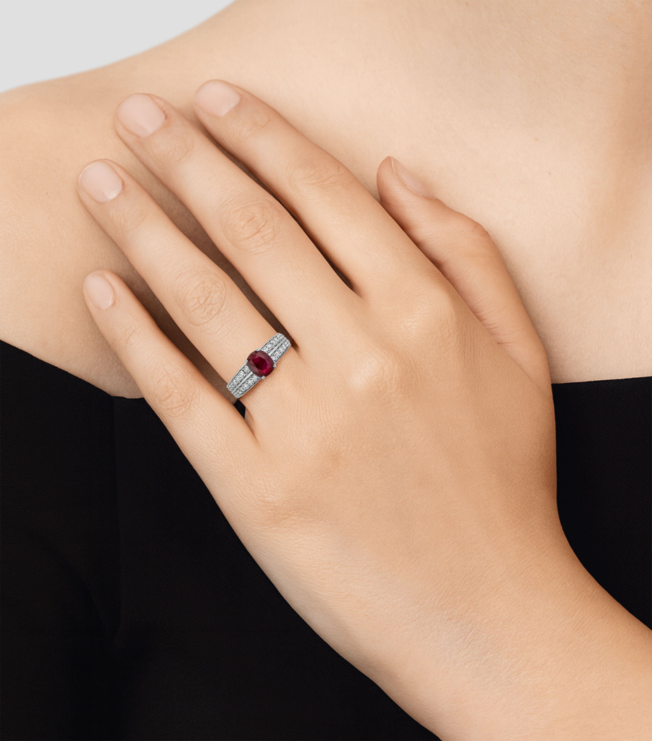 Anillo en oro blanco de 18 kilates Big Three Deco con rubí Mujer