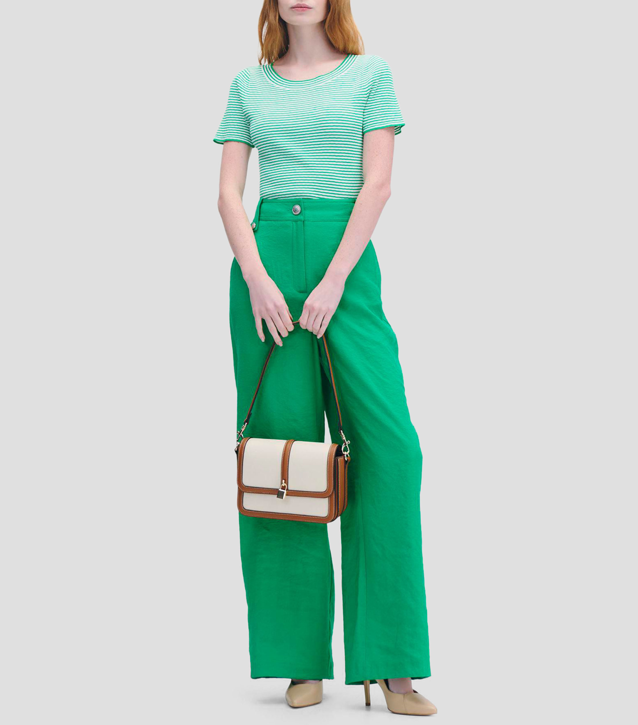 Blusa Tejido de Punto Detalle Calado a Rayas Verde Trébol Mujer