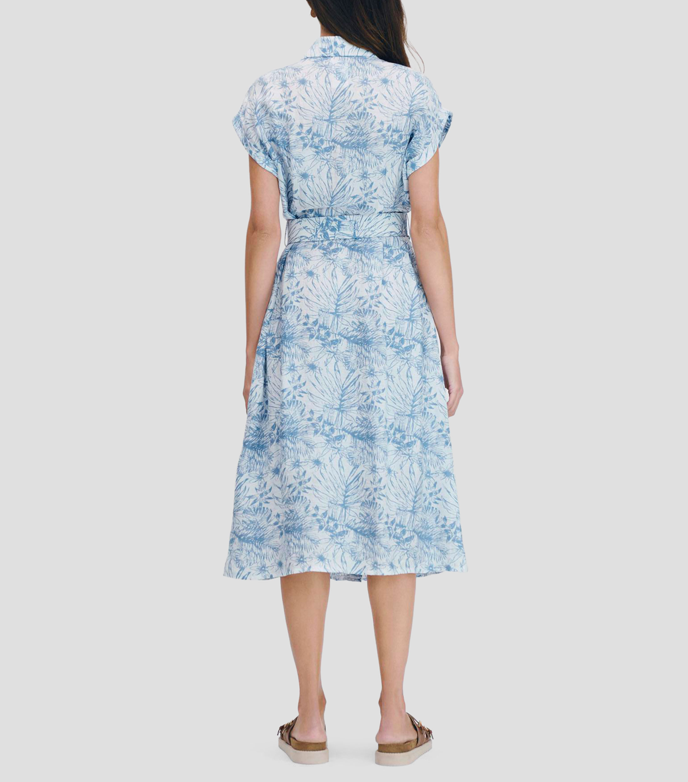 Vestido Camisero Midi De Lino Estampado Tropical Mujer