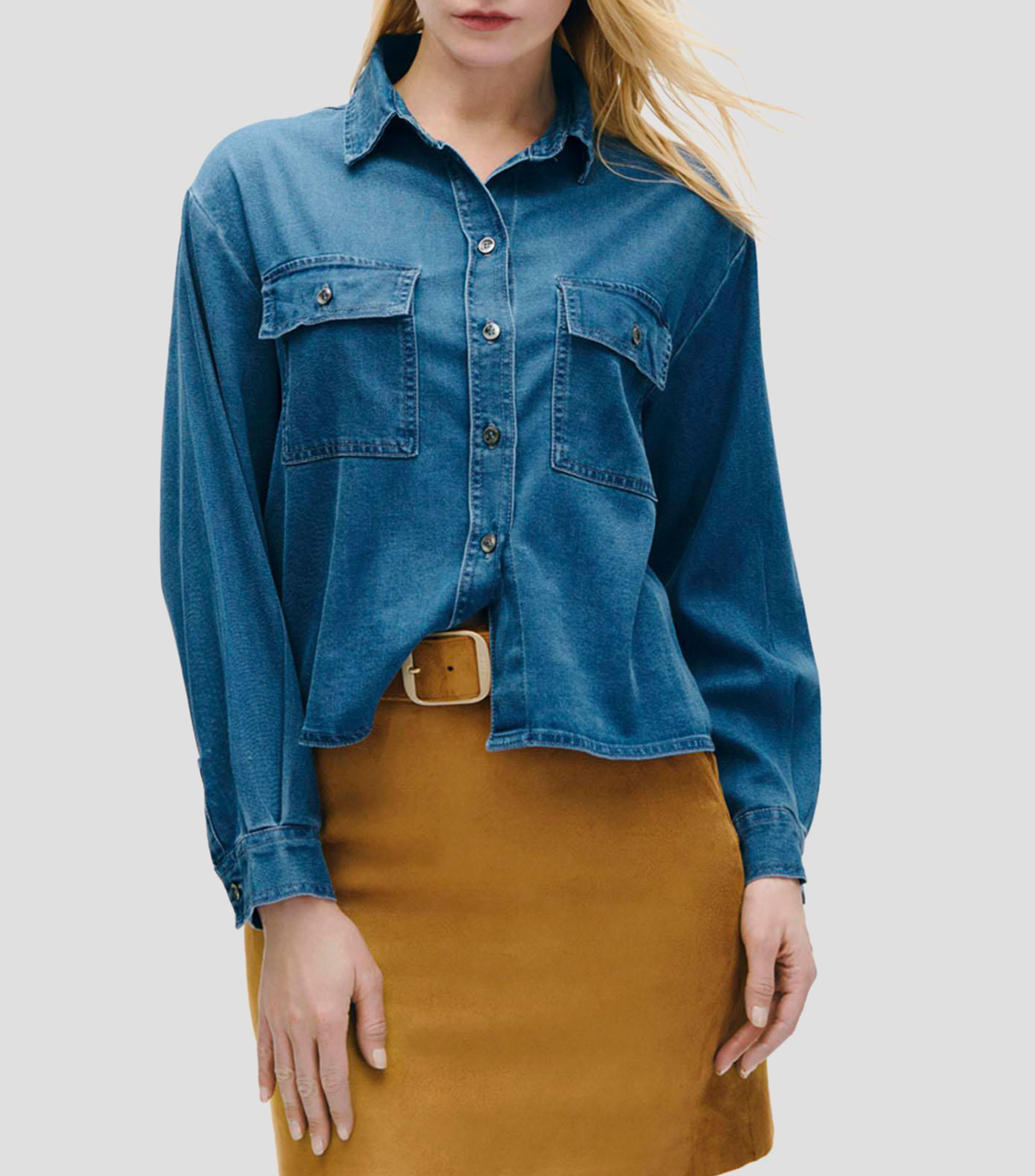 Camisa Denim Azul Medio Bolsillos Tipo Cartera Mujer