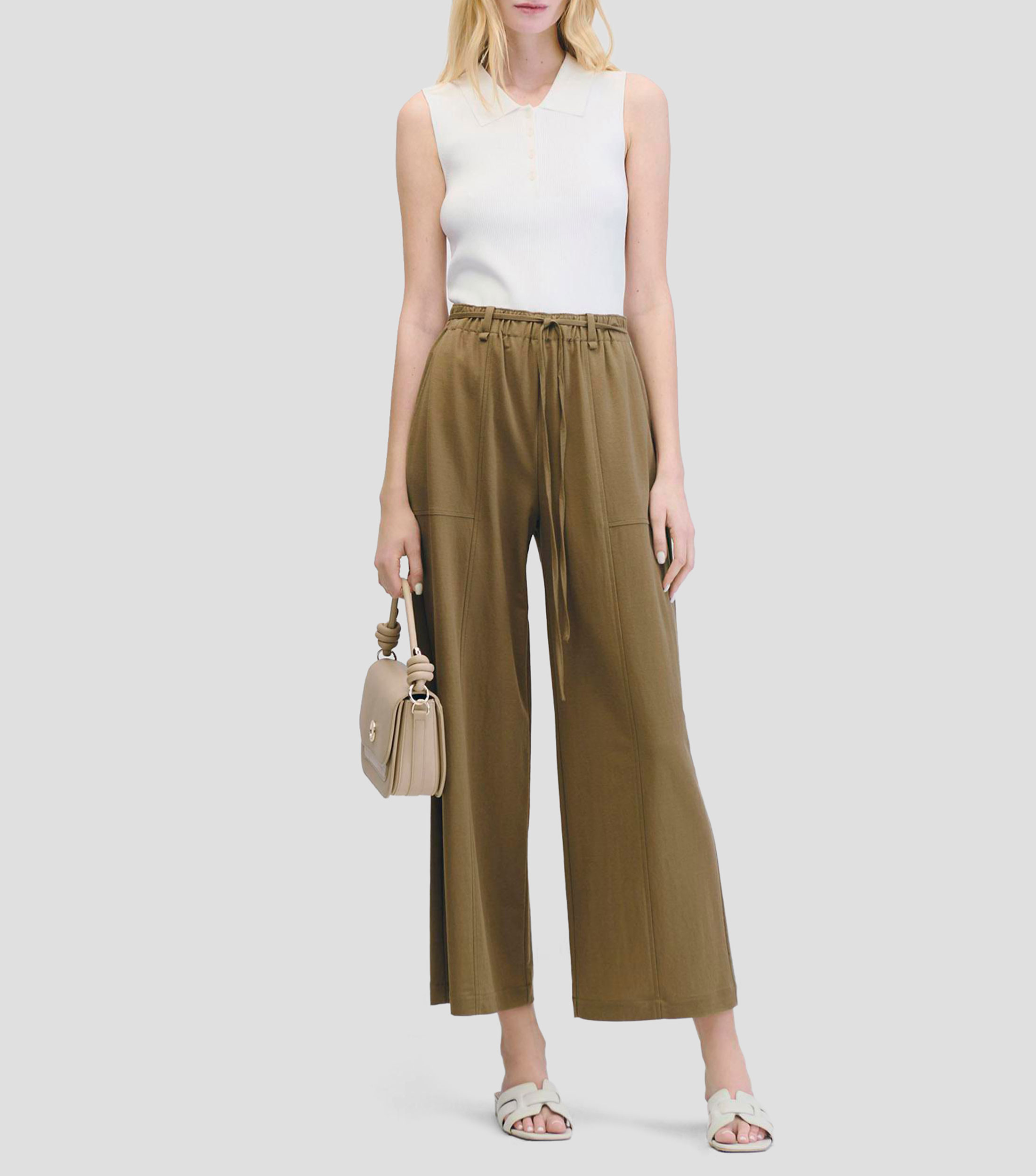 Pantalón wideleg tiro alto pretina enresortada con jaretas Mujer