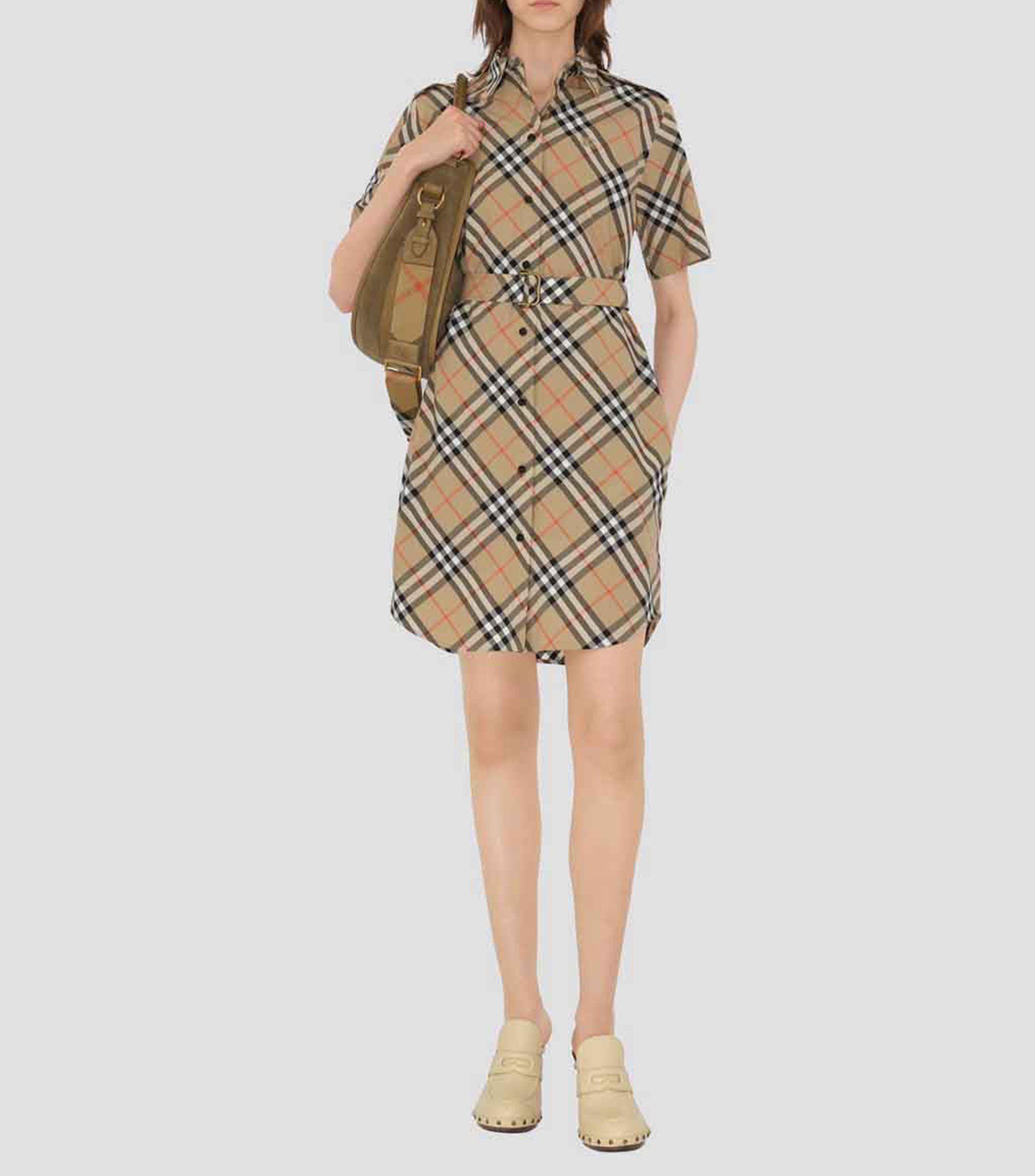 Vestido midi camisero en algodón Check Mujer
