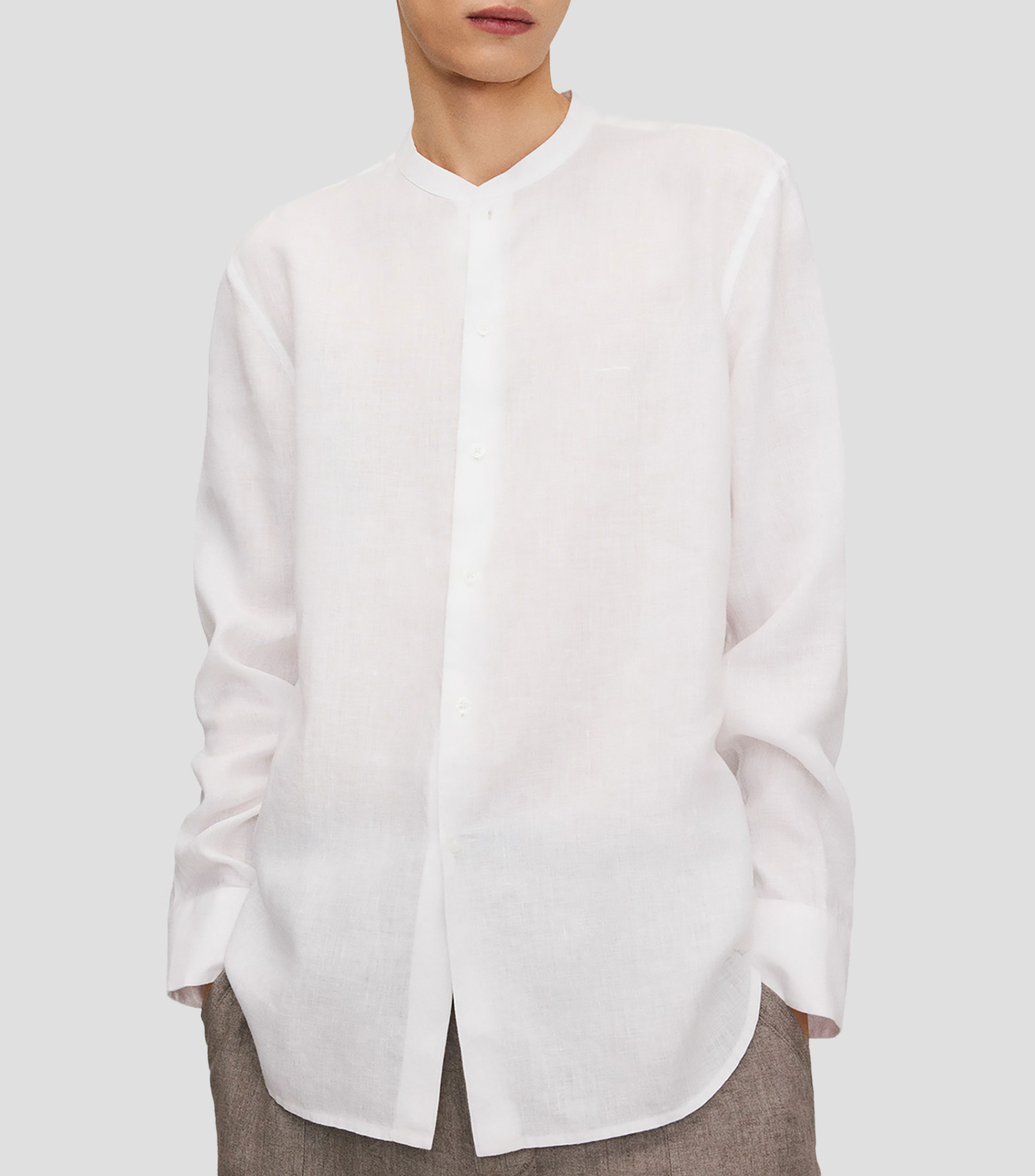 Camisa lisa de lino con cuello mao y manga larga Hombre
