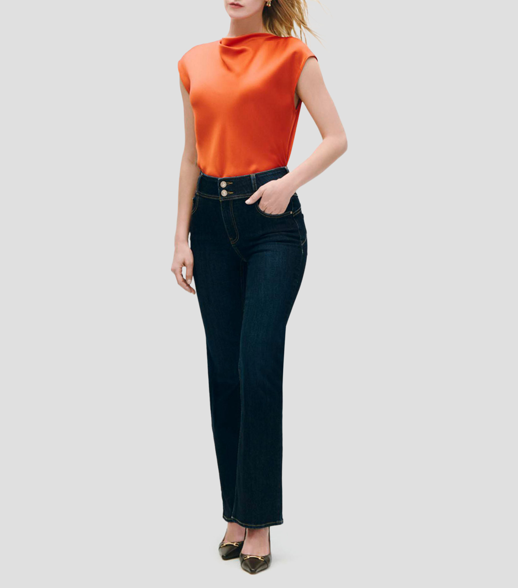 Blusa De Satín Naranja Escote Drapeado Mujer