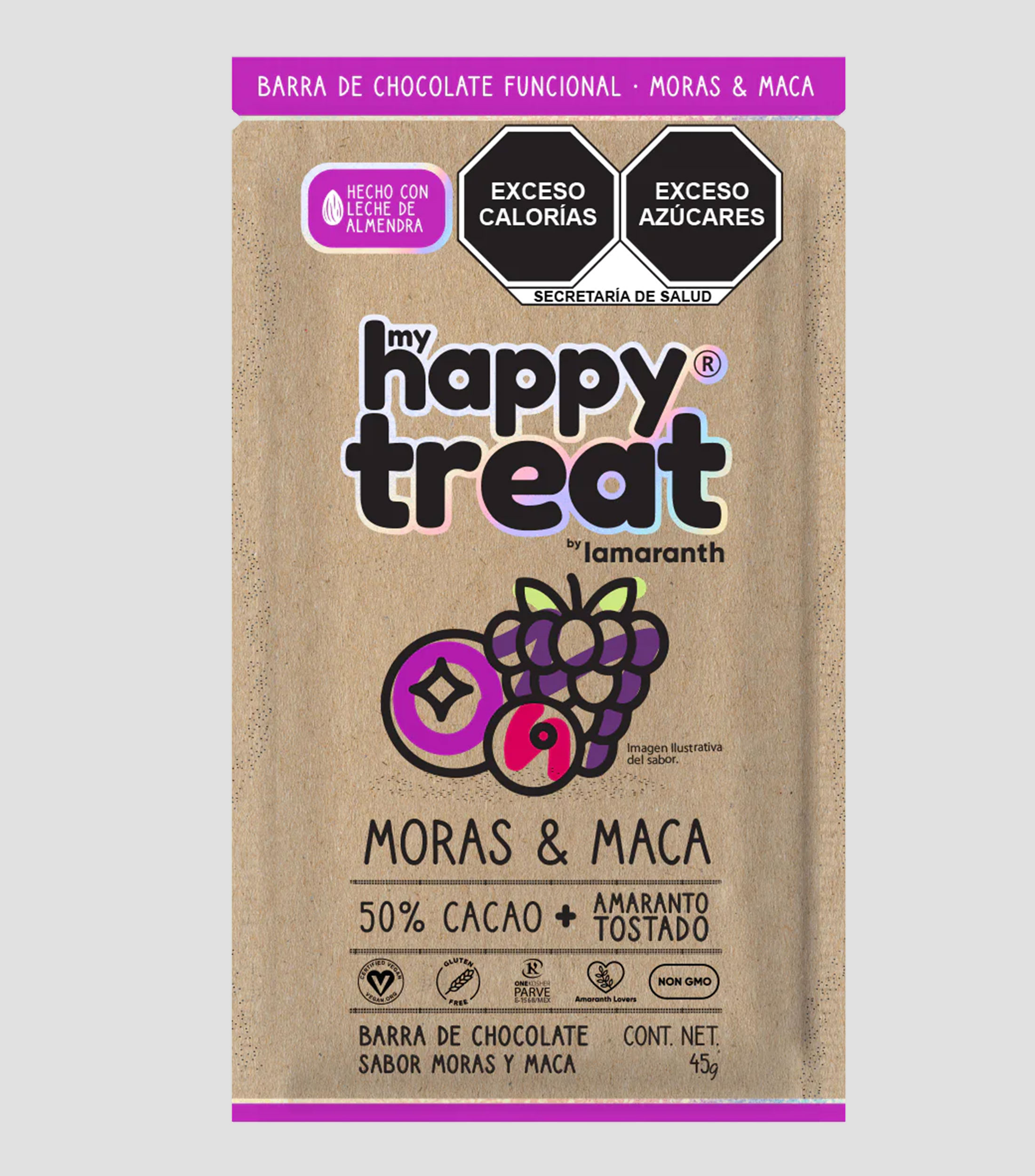Barra de Chocolate con Moras y Maca, 45 gr