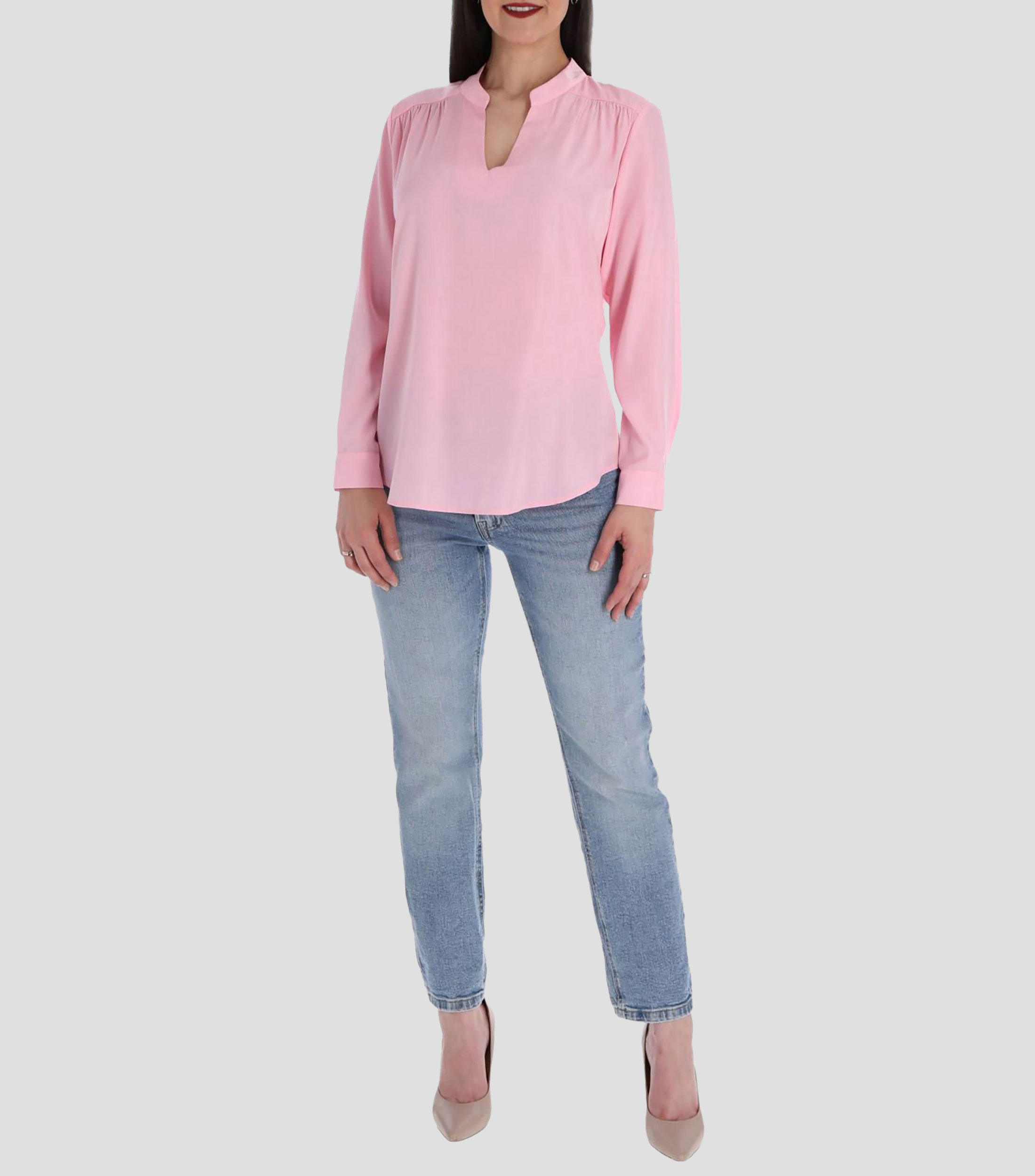 Blusa lisa manga larga Línea Petite Mujer