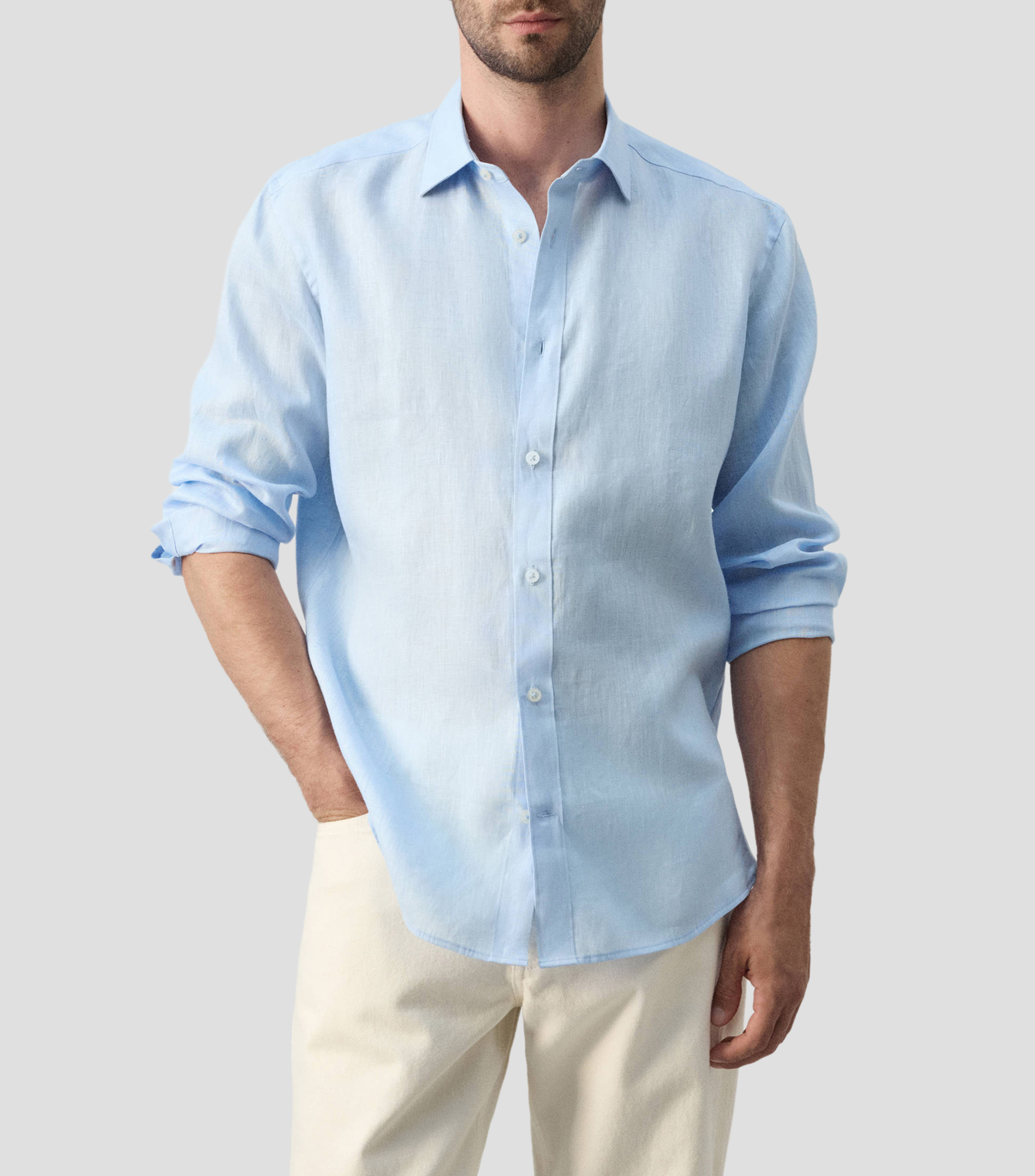 Camisa lisa de lino manga larga Hombre