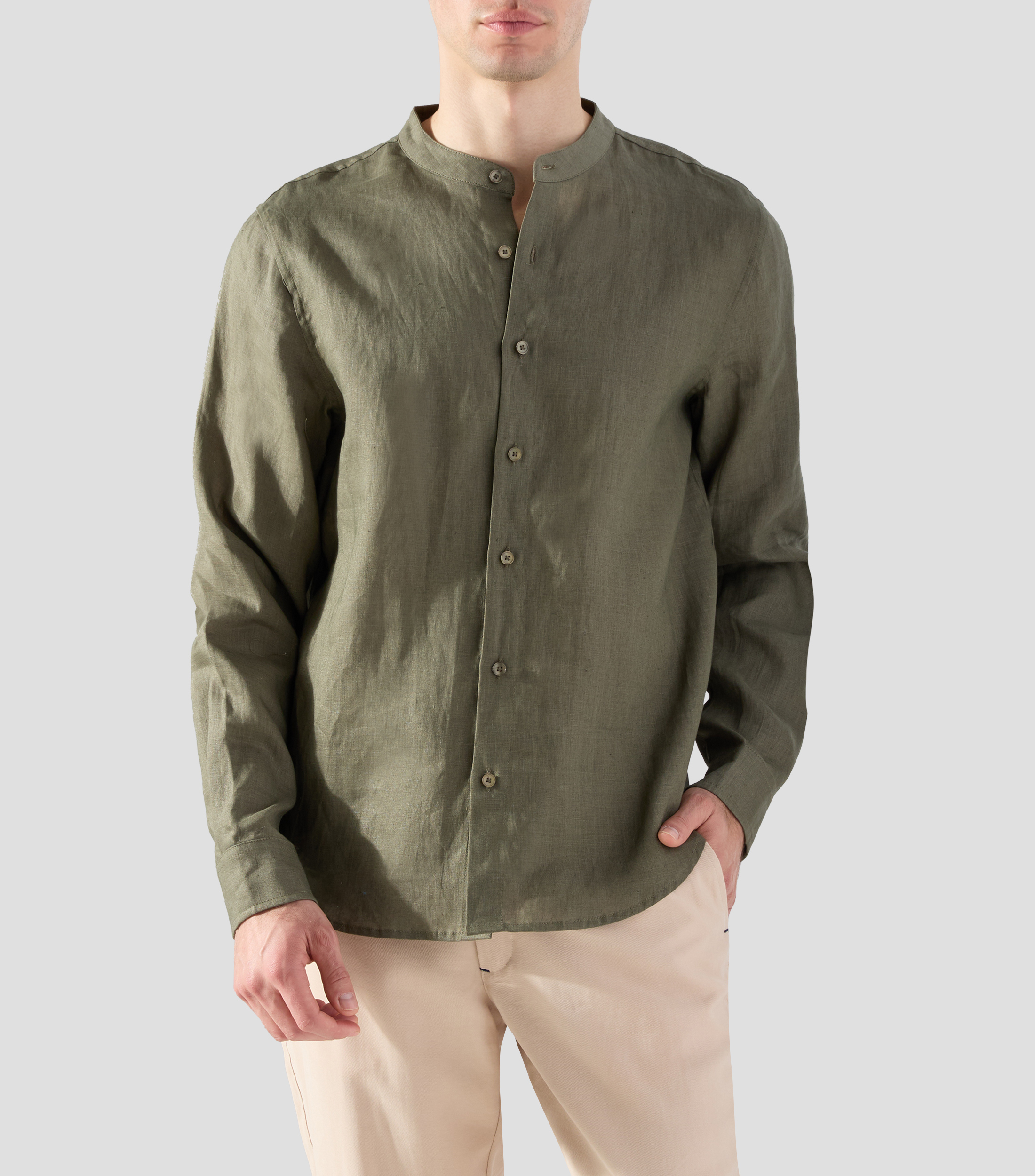 Camisa lisa con cuello mao y manga larga Hombre