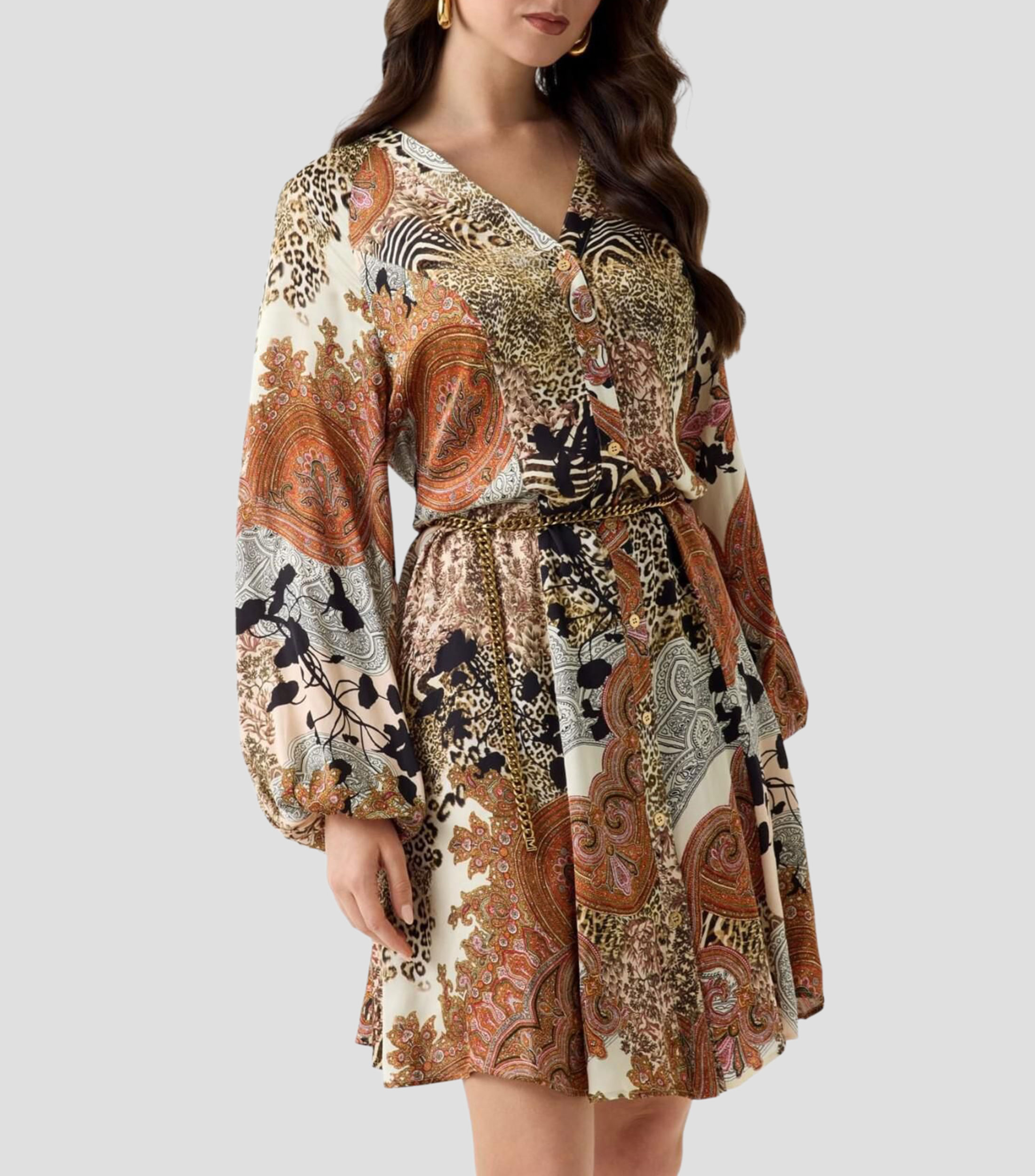 Vestido corto manga larga estampado Mujer