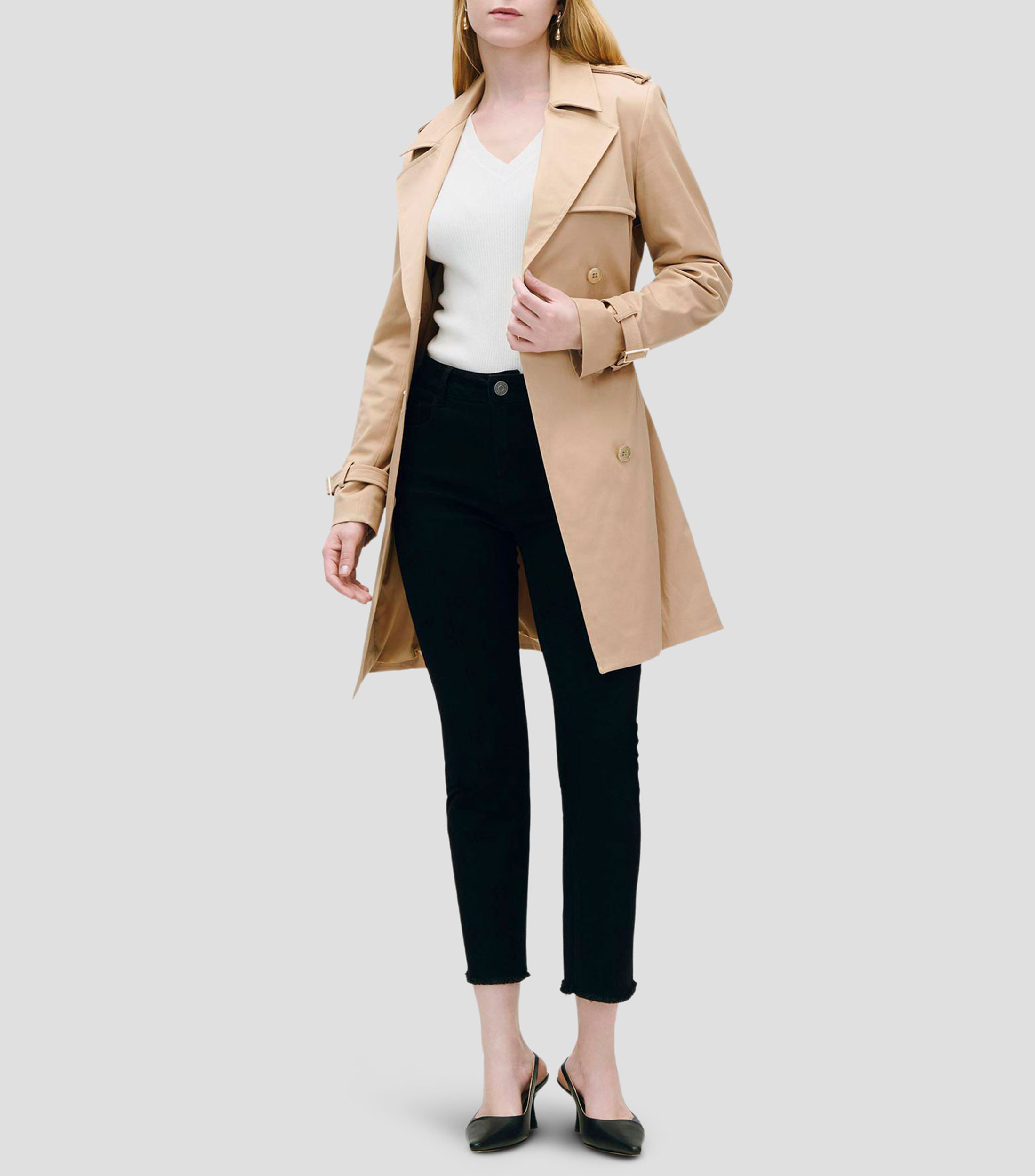 Gabardina Beige Resistente Al Agua Doble Botonadura Mujer