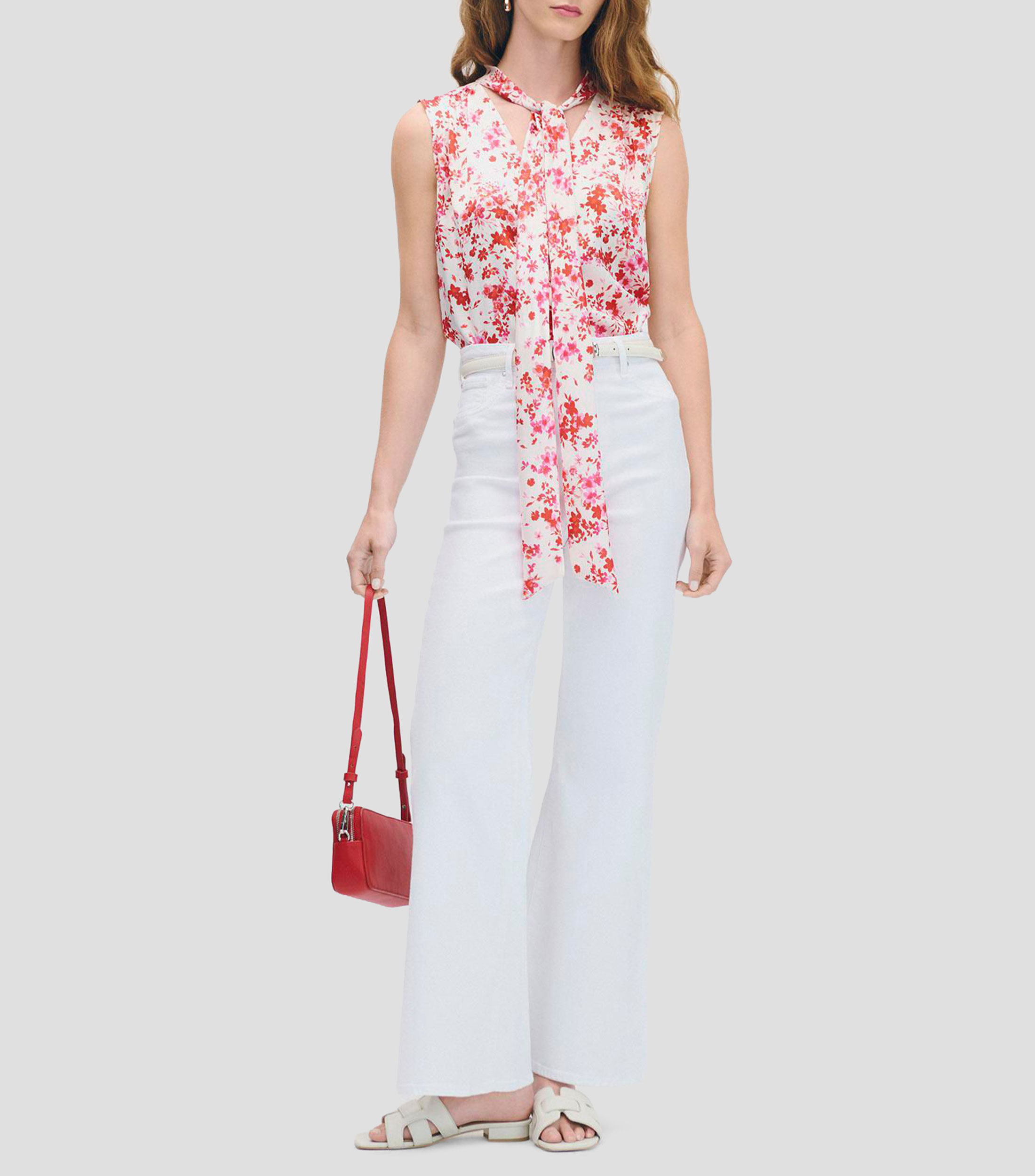 Blusa de satín estampado floral escote V con corbatín Mujer
