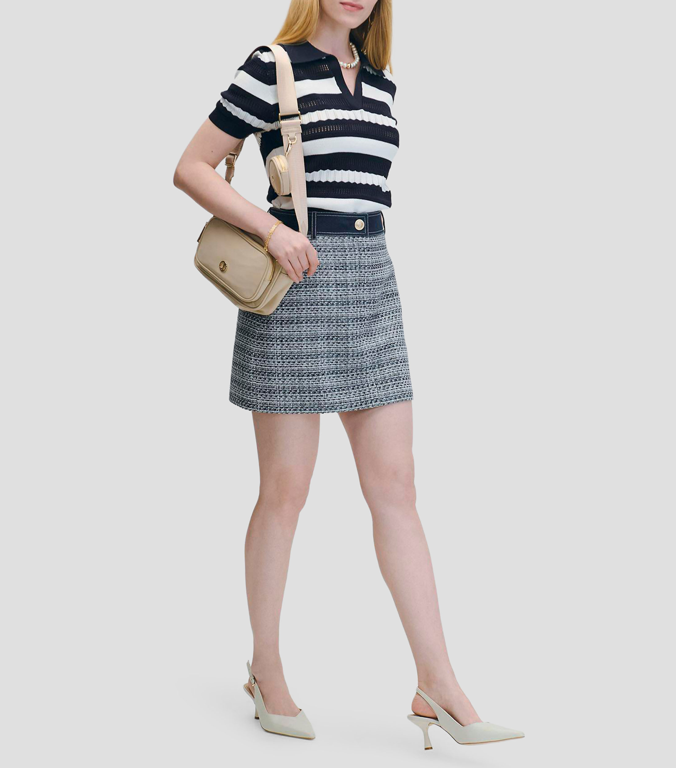 Mini Falda De Tweed Índigo Con Lúrex Pretina Tipo Denim Mujer