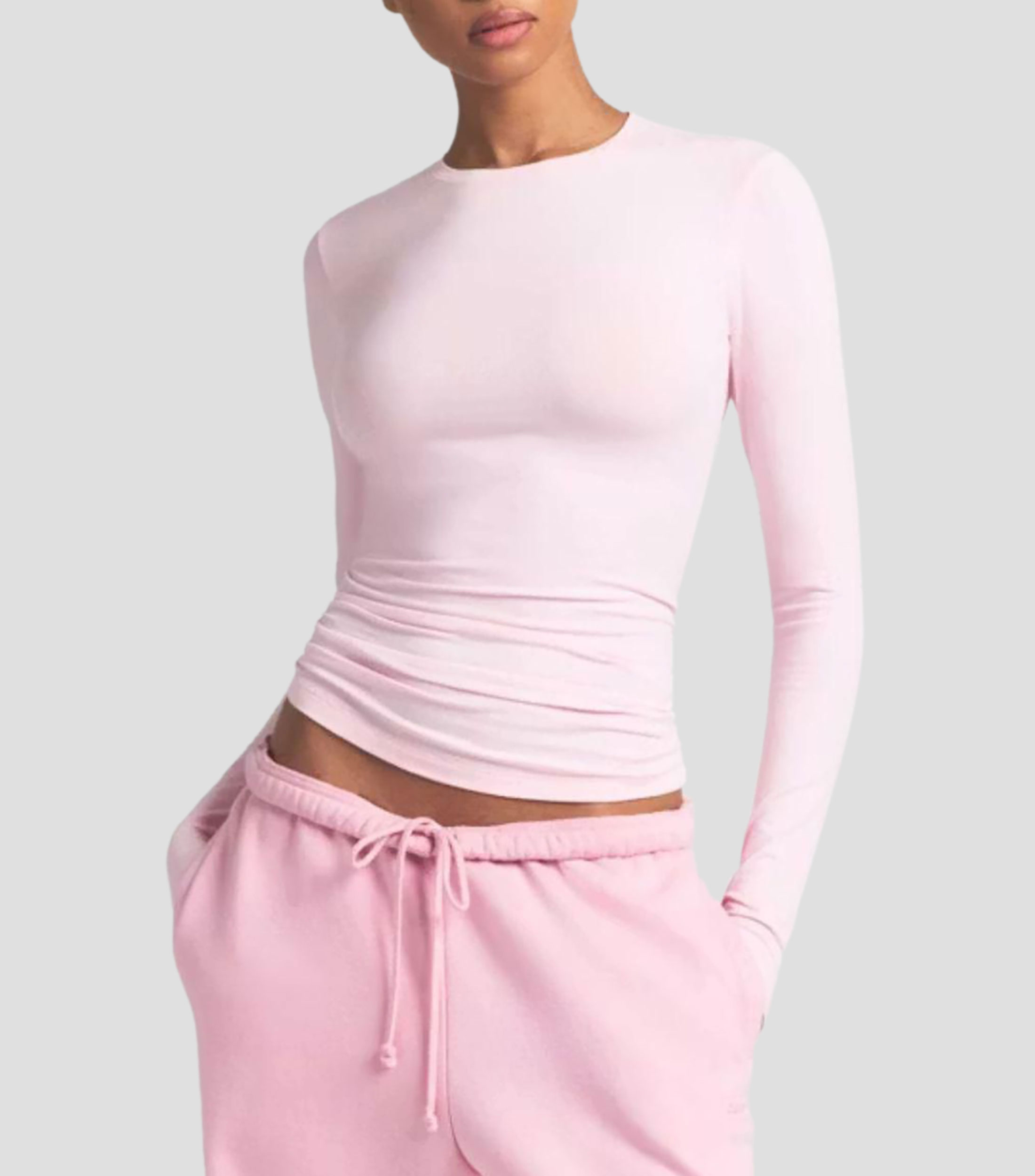 Playera de cuello redondo con manga larga lisa Mujer