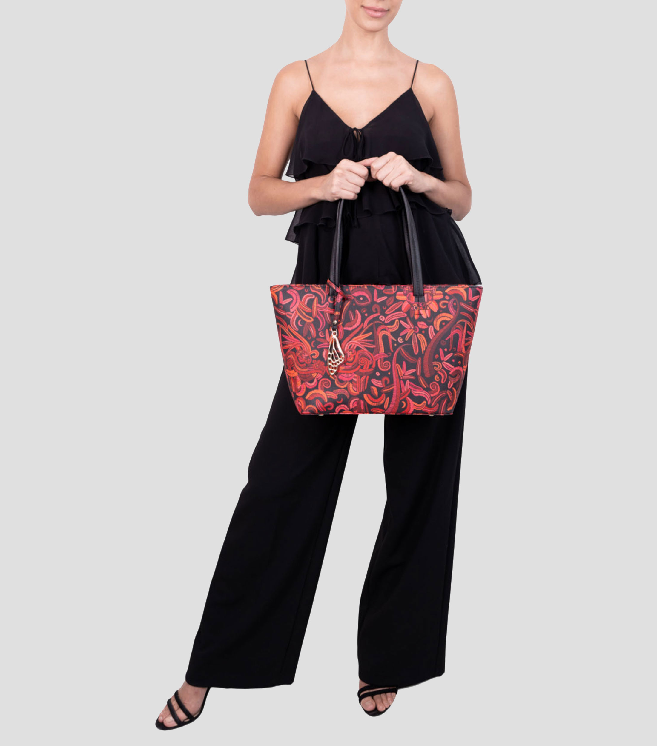 Bolso tote negro con rojo K'iin Quetzalcóatl Mujer