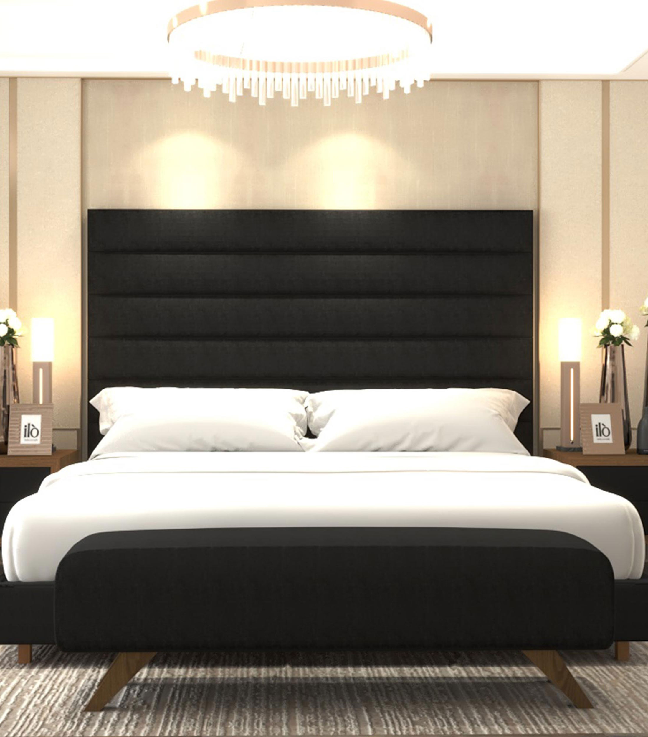 Cama King Size Ribbed V negra en madera
