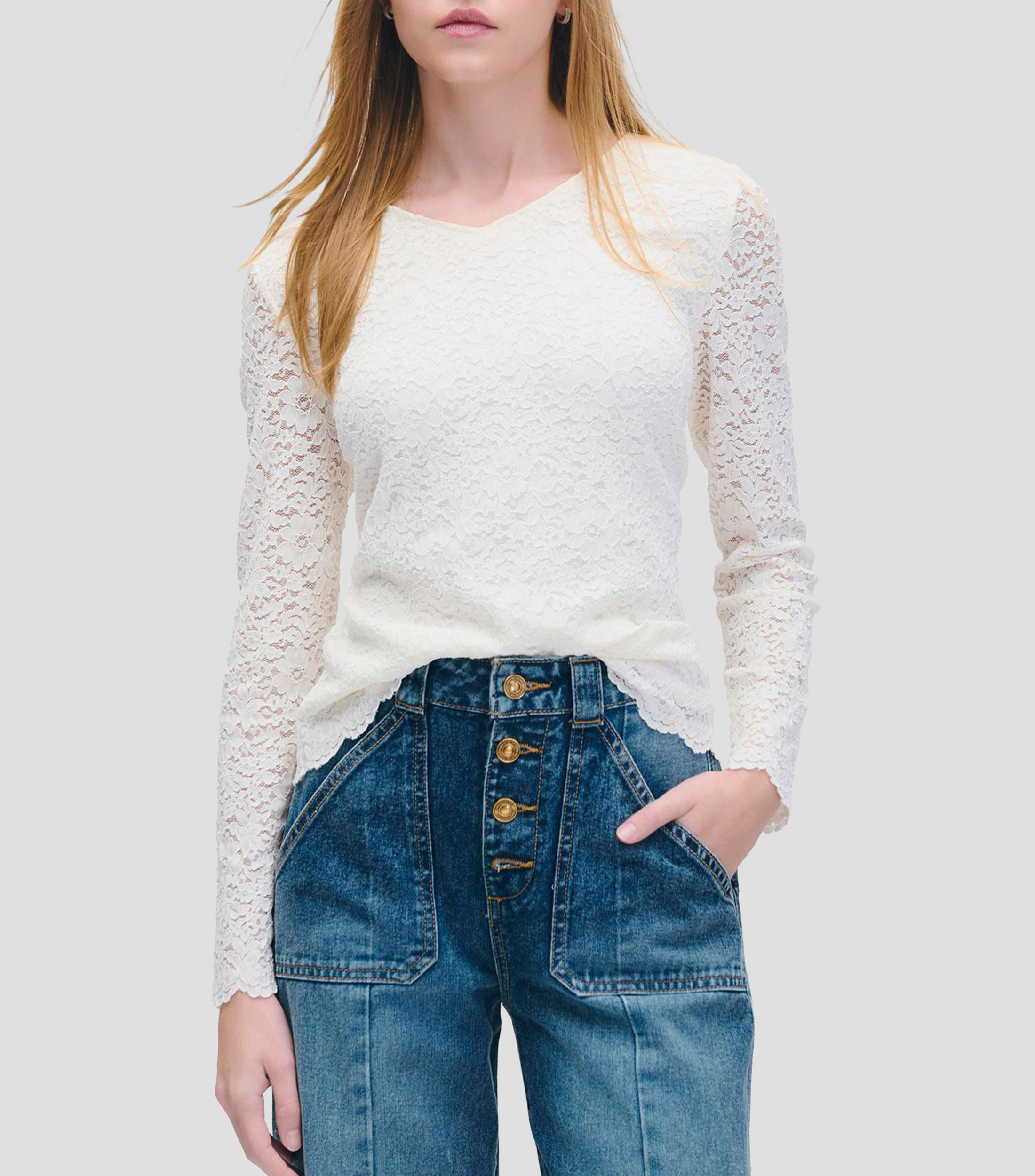 Blusa encaje de punto floral escote V Mujer