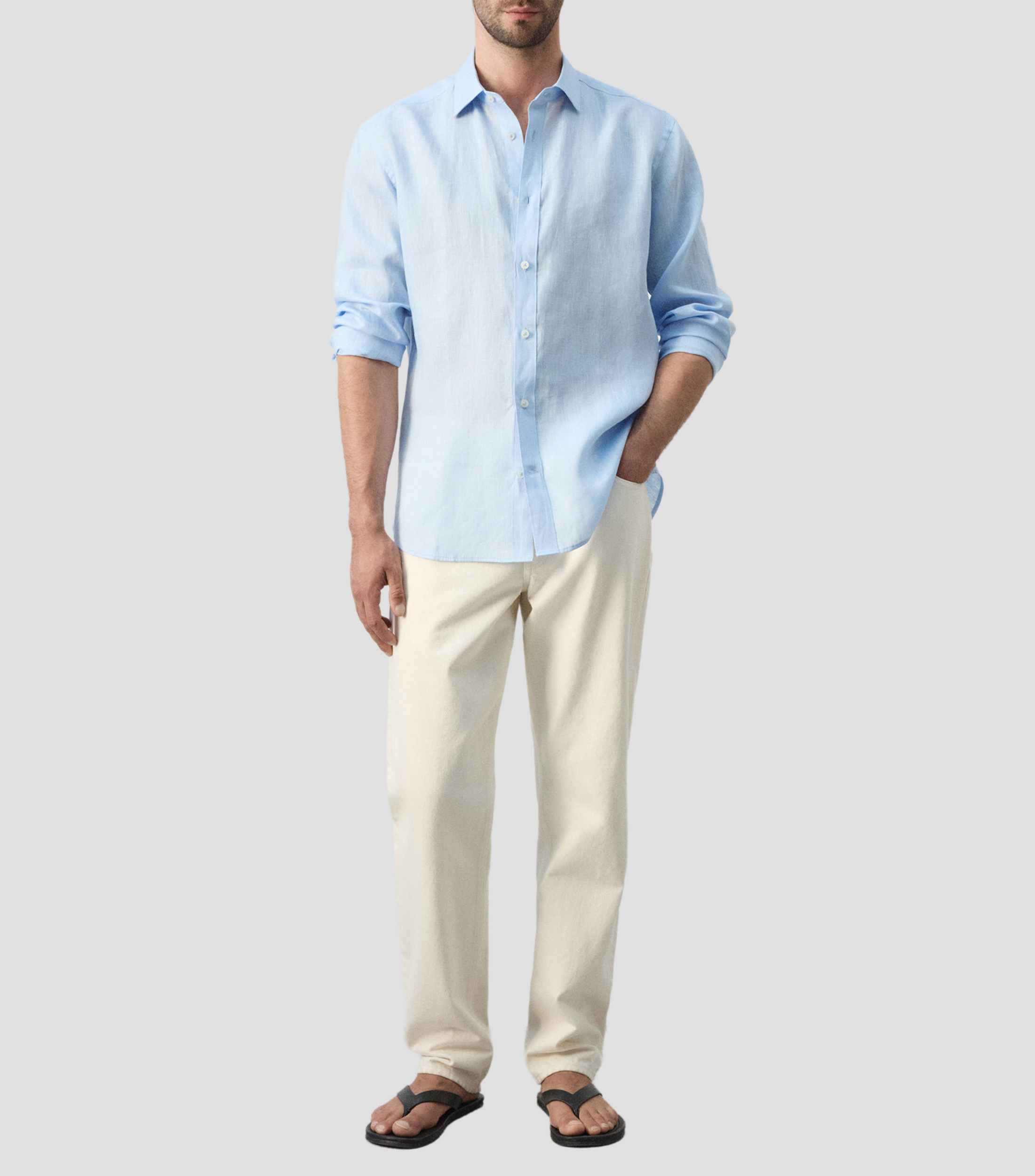 Camisa lisa de lino manga larga Hombre