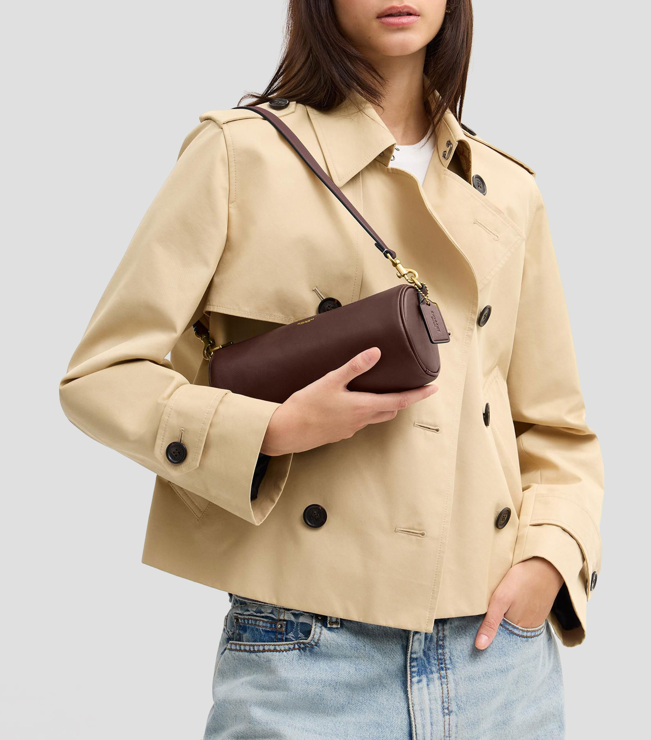 Bolsa shoulder en cuero Barrel lisa Mujer