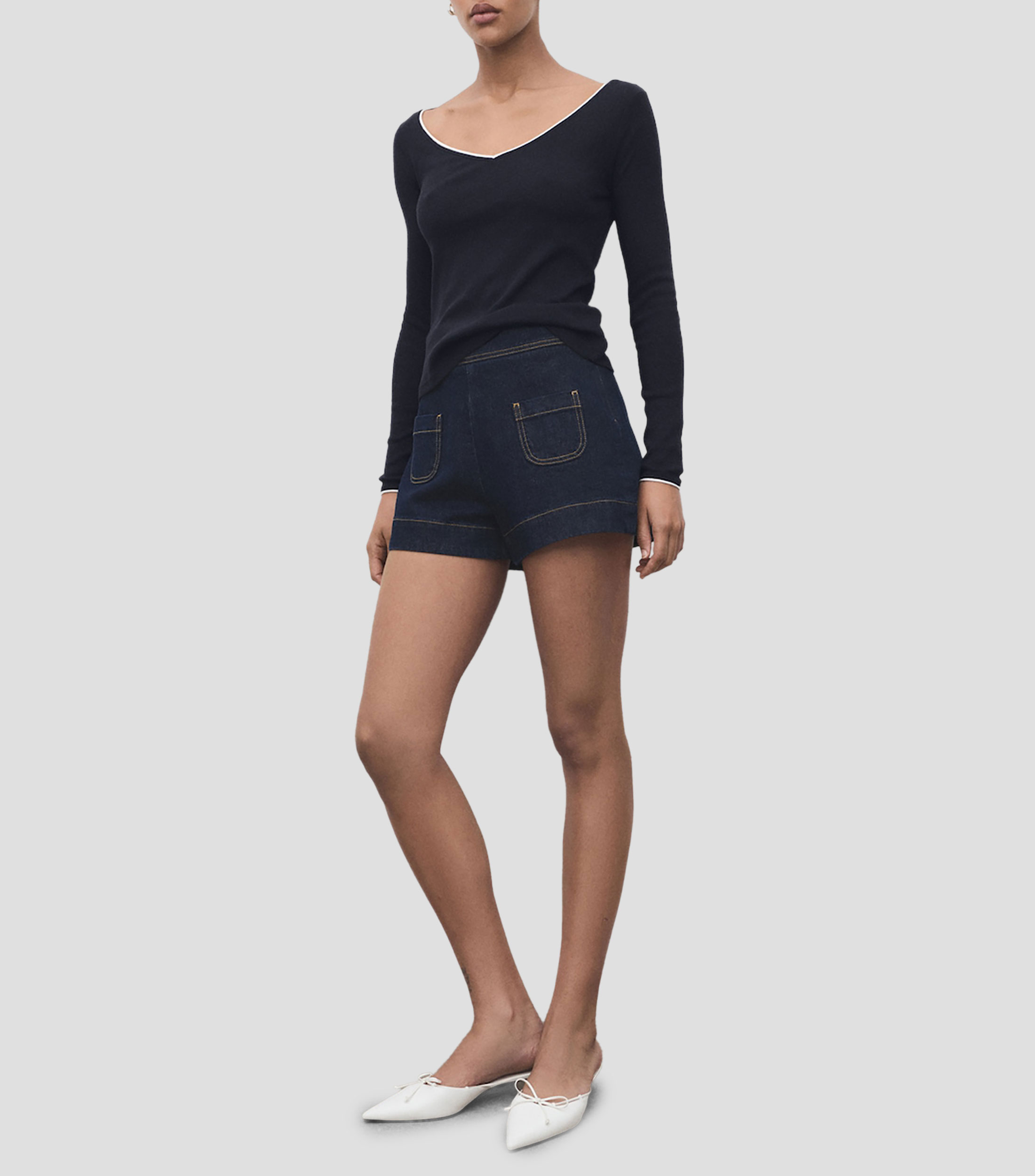 Playera cuello v manga larga lisa Mujer