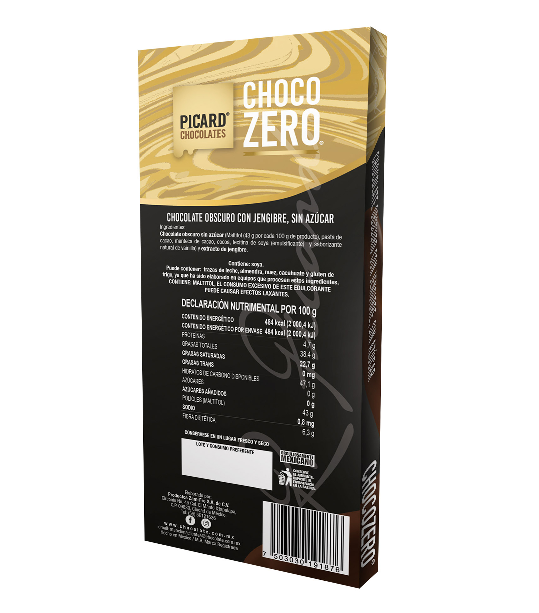 Barra Chocolate Obscuro con jengibre sin azúcar, 100 g
