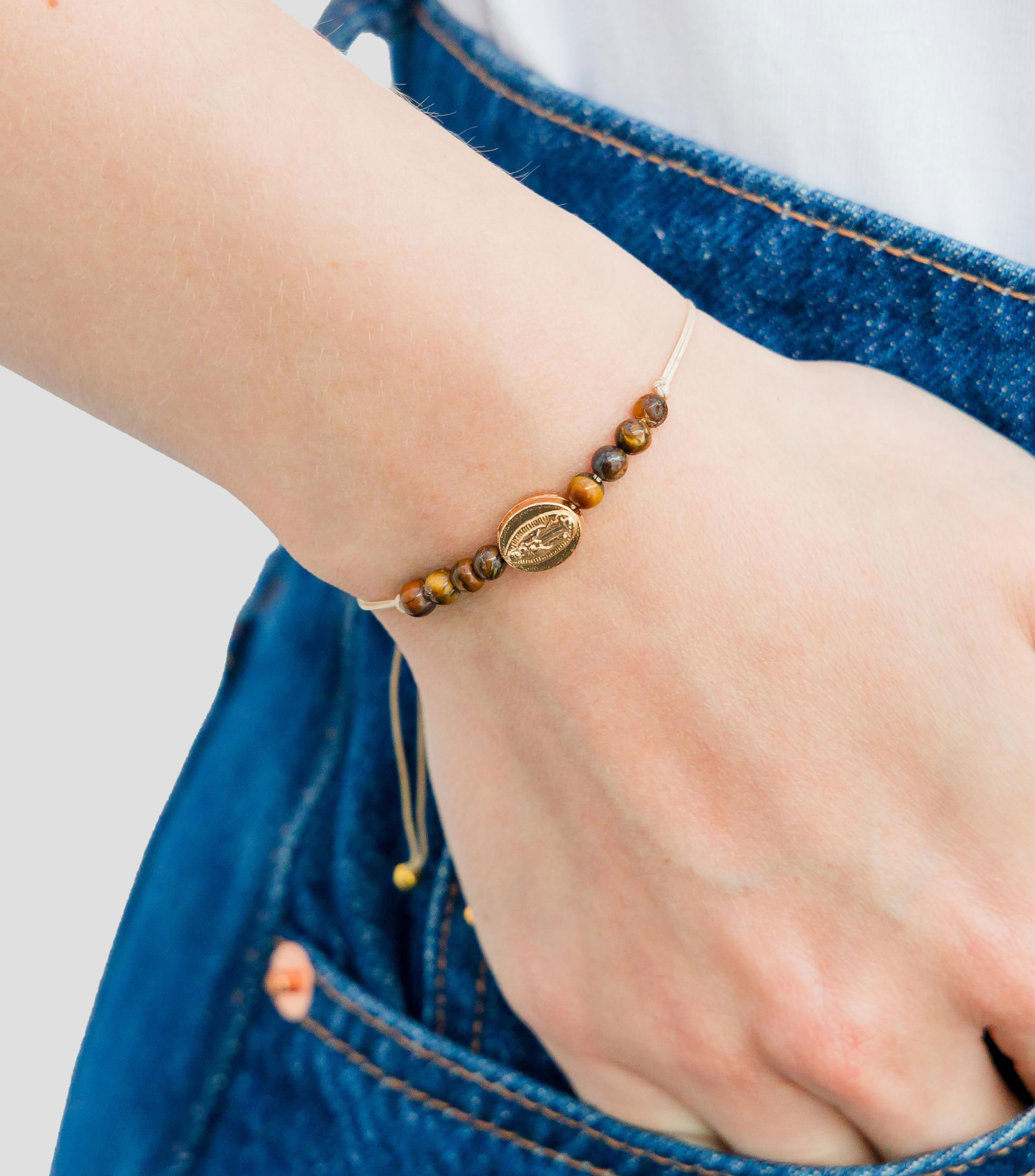 Pulsera beige con ojo de tigre Mujer