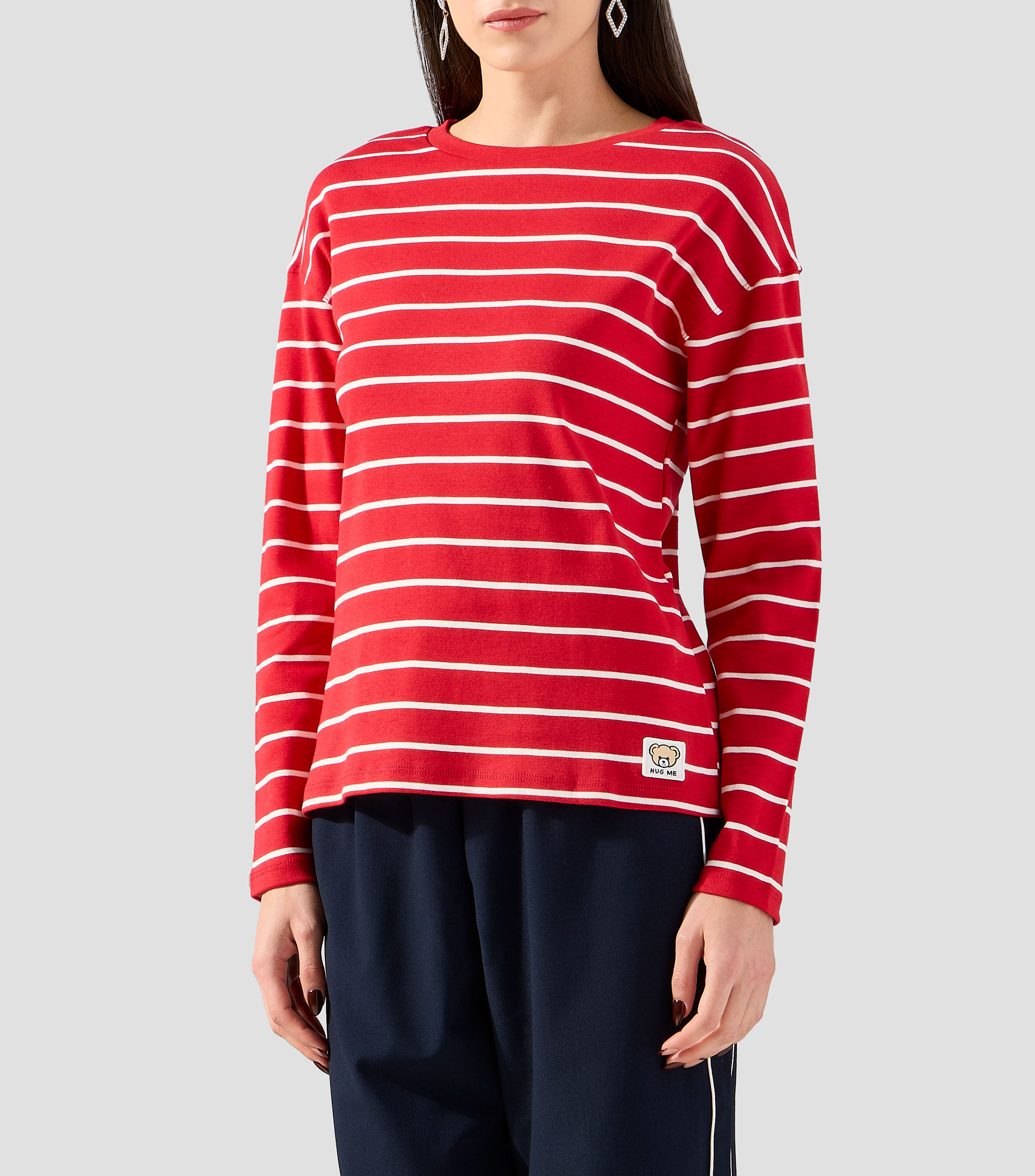 Playera cuello redondo manga larga con rayas Mujer
