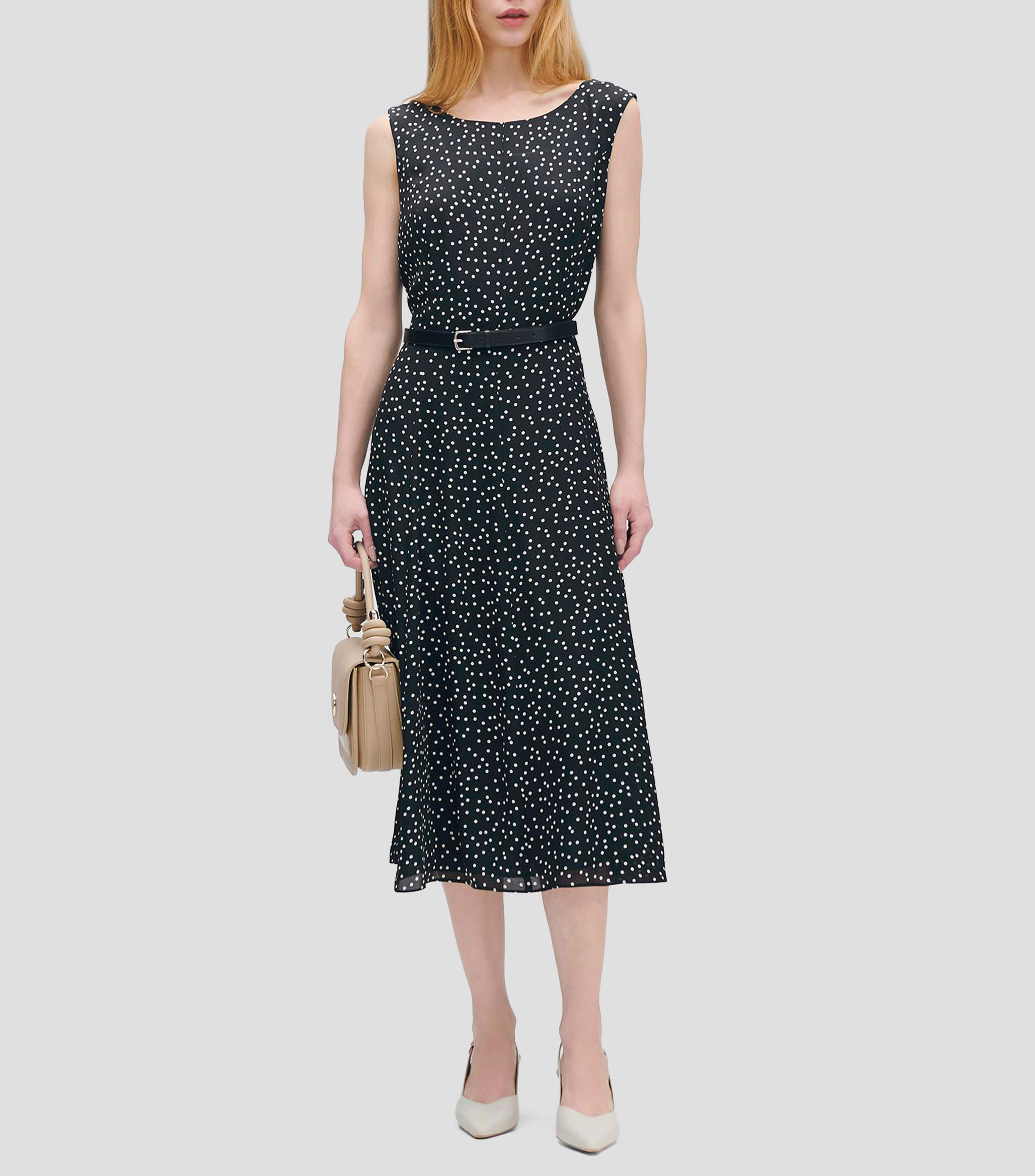 Vestido Midi Fit And Flared De Lunares Con Cinturón Mujer