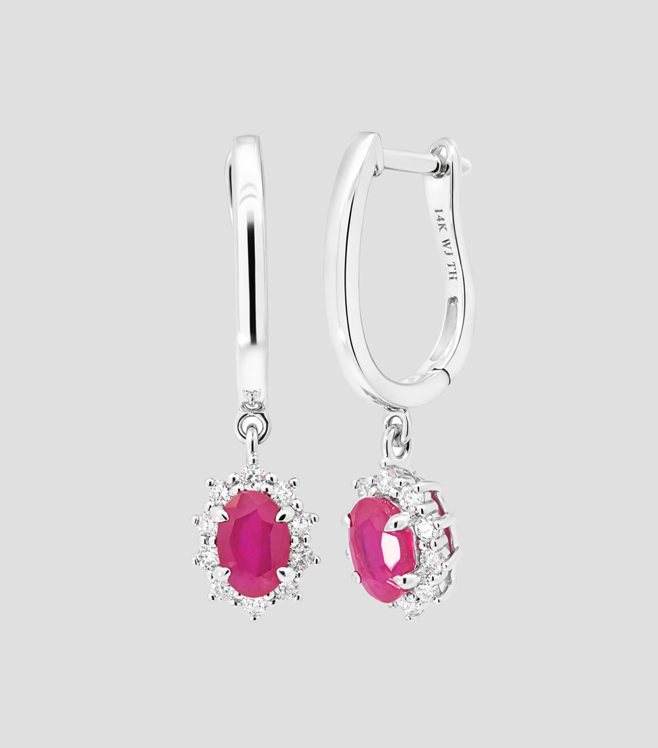 Aretes en oro blanco de 14 kilates con diamantes y rubí Mujer