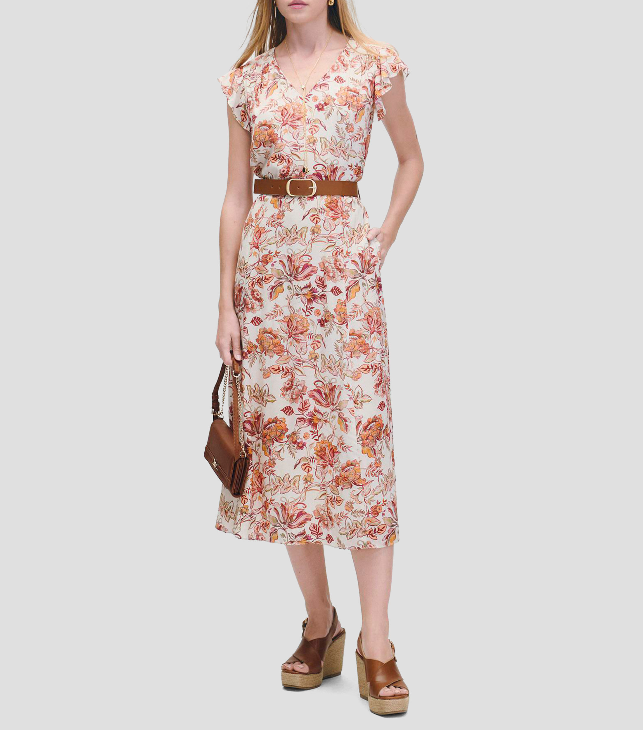 Vestido midi línea a estampado floral manga escarola con cinturón Mujer