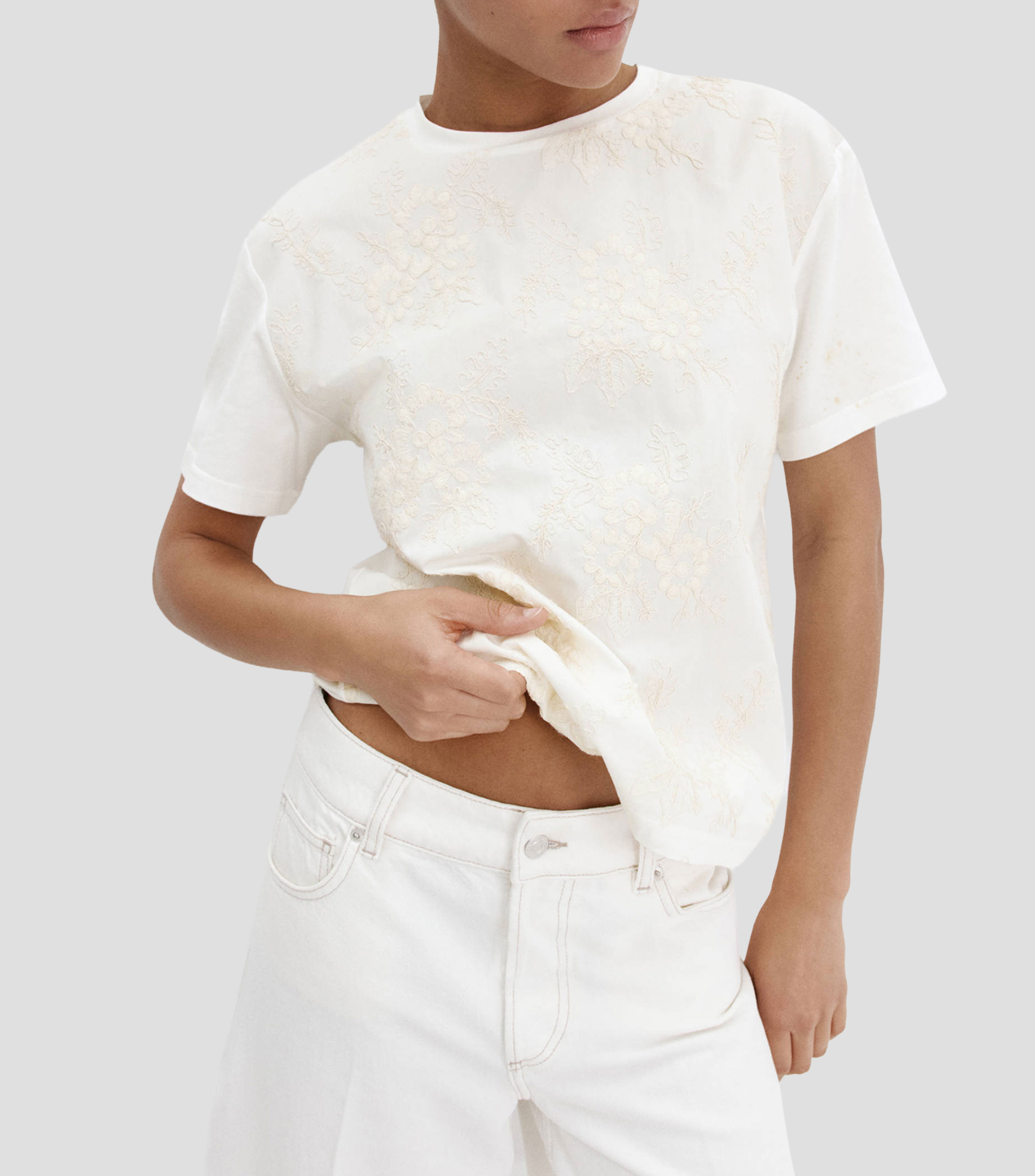 Playera cuello redondo manga corta bordado sólido Mujer