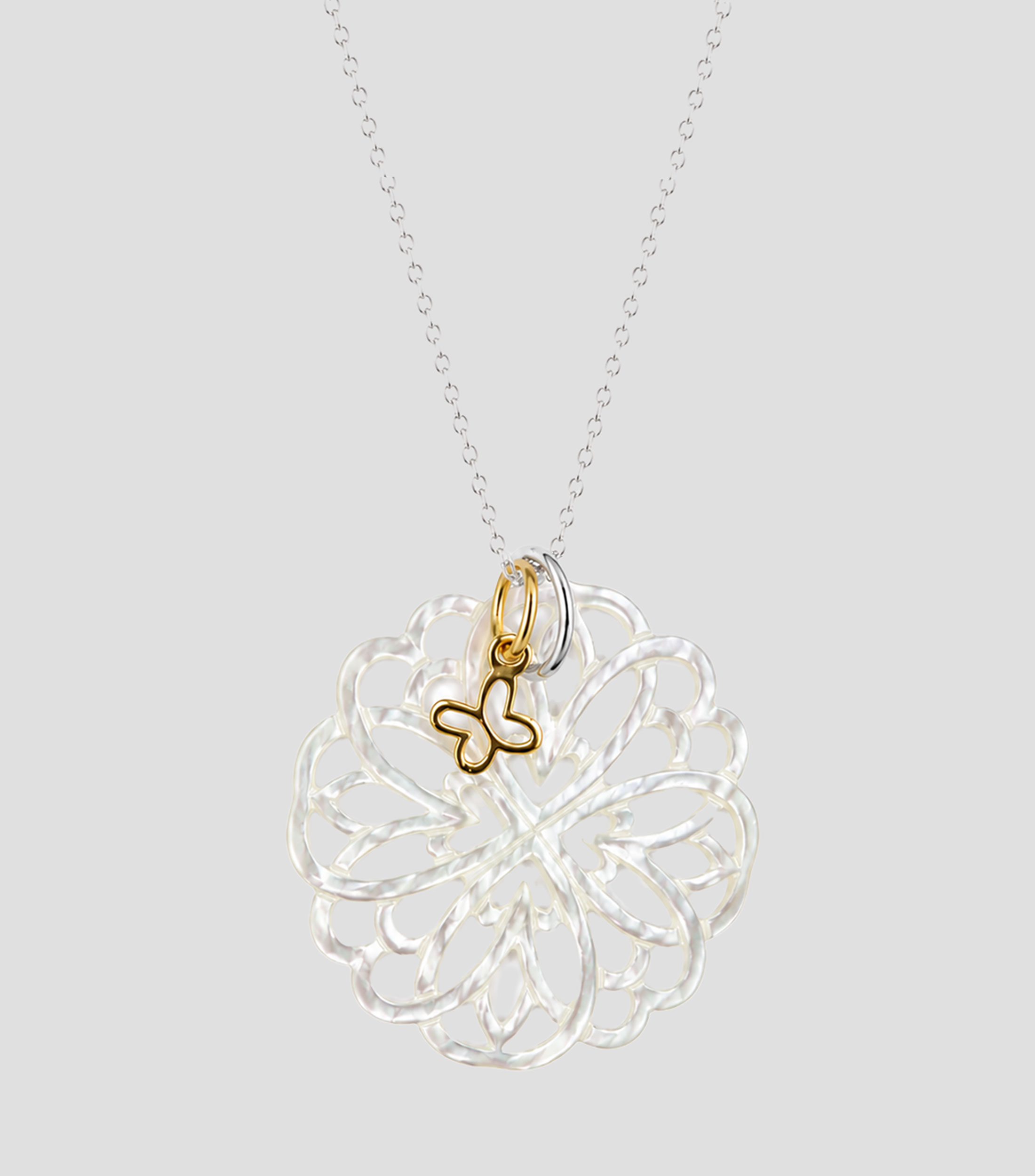 Dije con cadena flor y mariposa en Plata .925 con madreperla Mujer