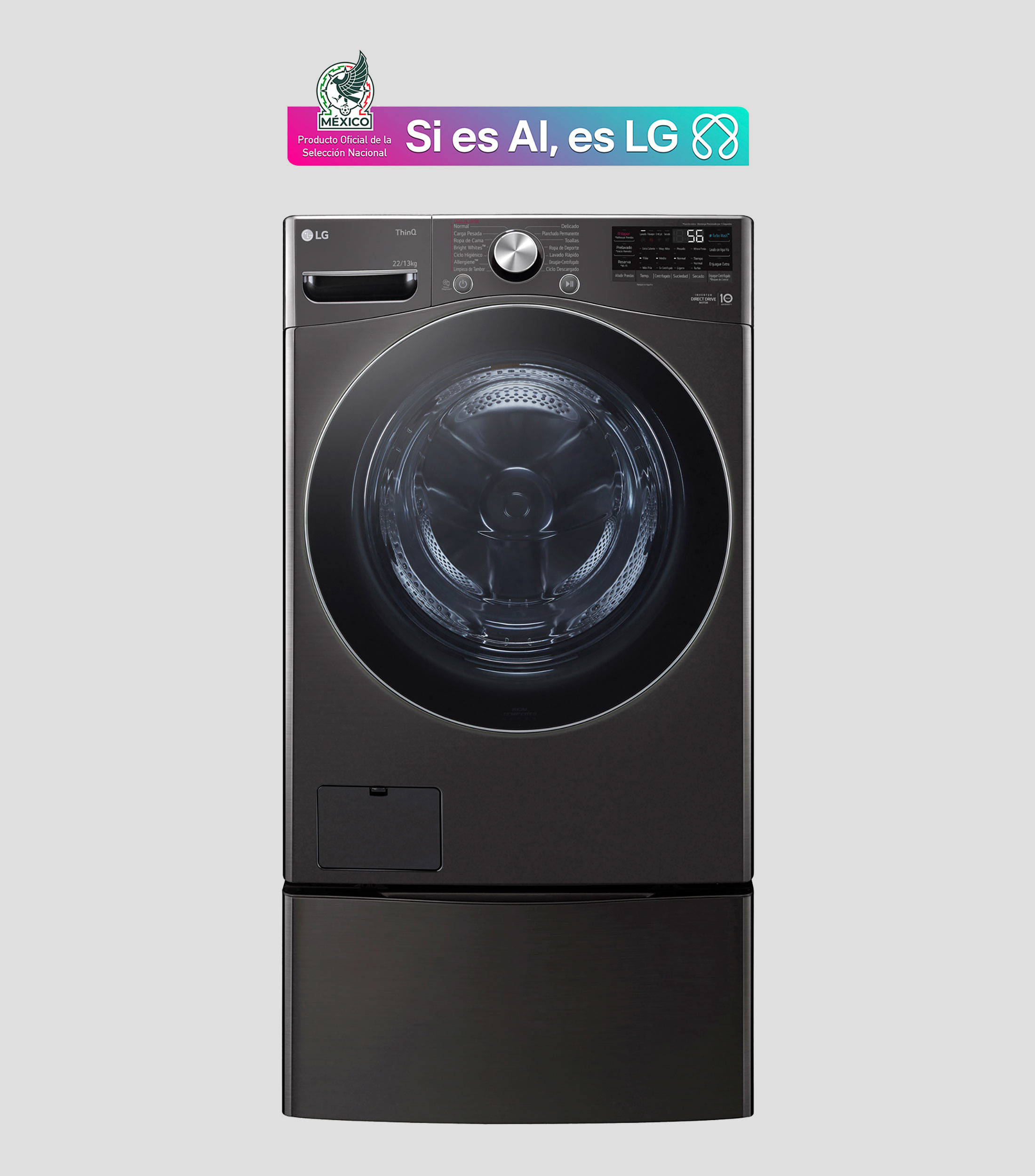Lavasecadora Eléctrica con pedestal 22 Kg, 13 Kg Inteligente Inverter AI DD Carga Frontal WD22BV2S6R negro