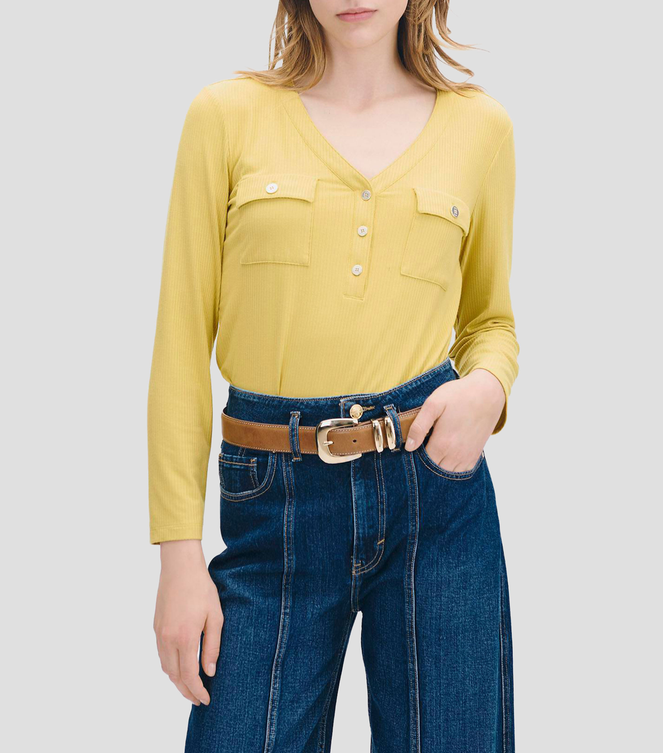 Blusa tejido canalé escote V bolsas tipo cartera Mujer