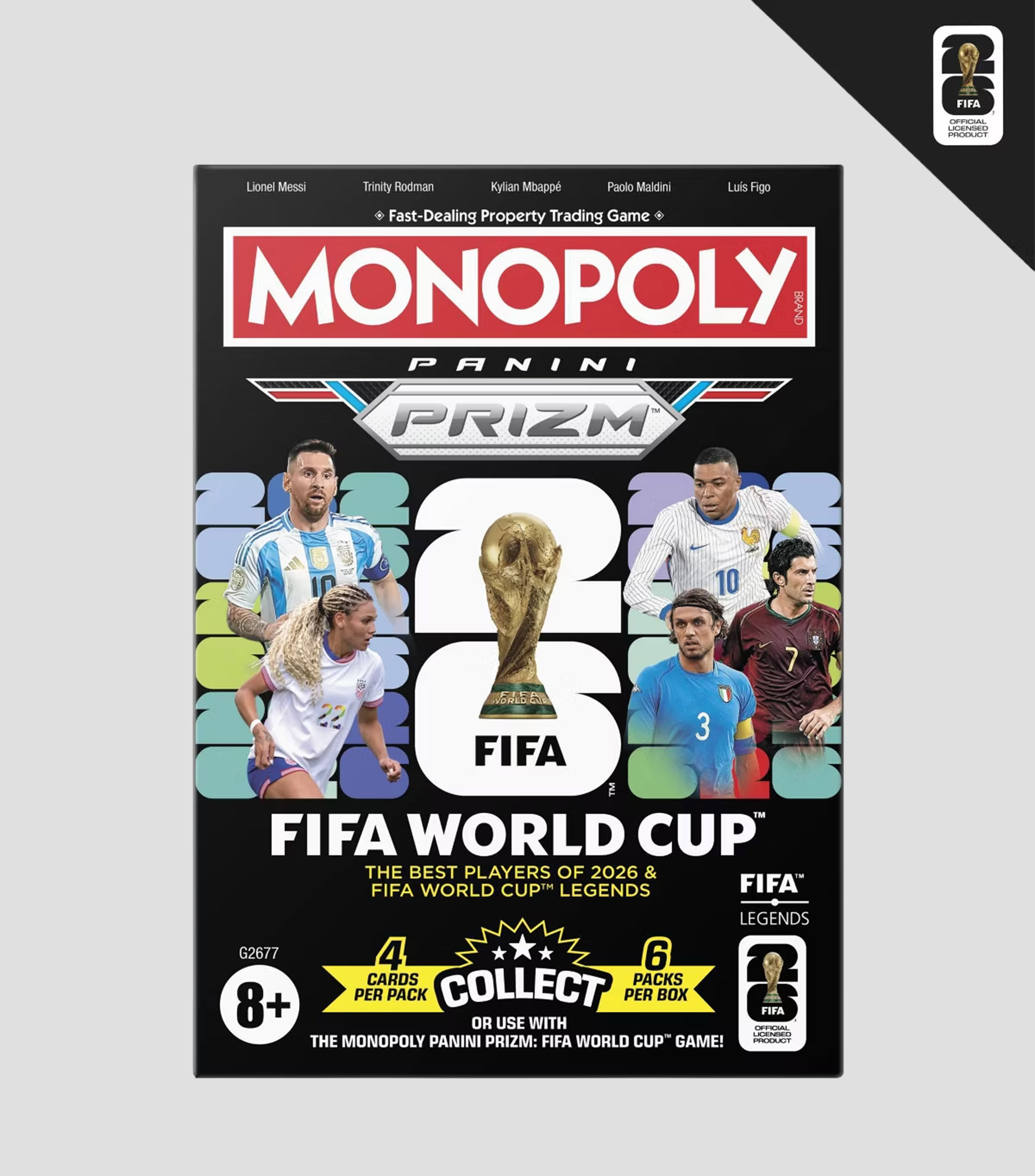 Caja de sobres con tarjetas coleccionables de la Copa Mundial FIFA de Monopoly Panini Prizm