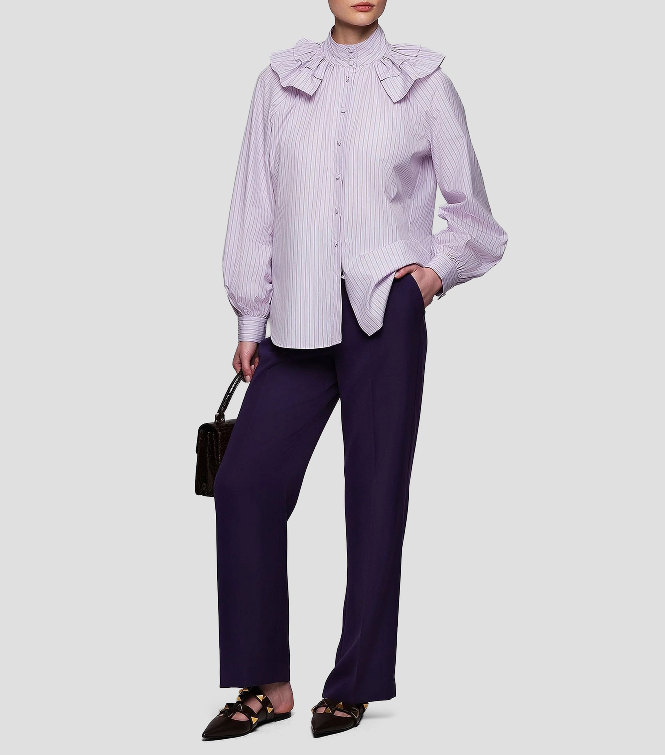 Camisa de rayas con cuello mao y manga larga Mujer