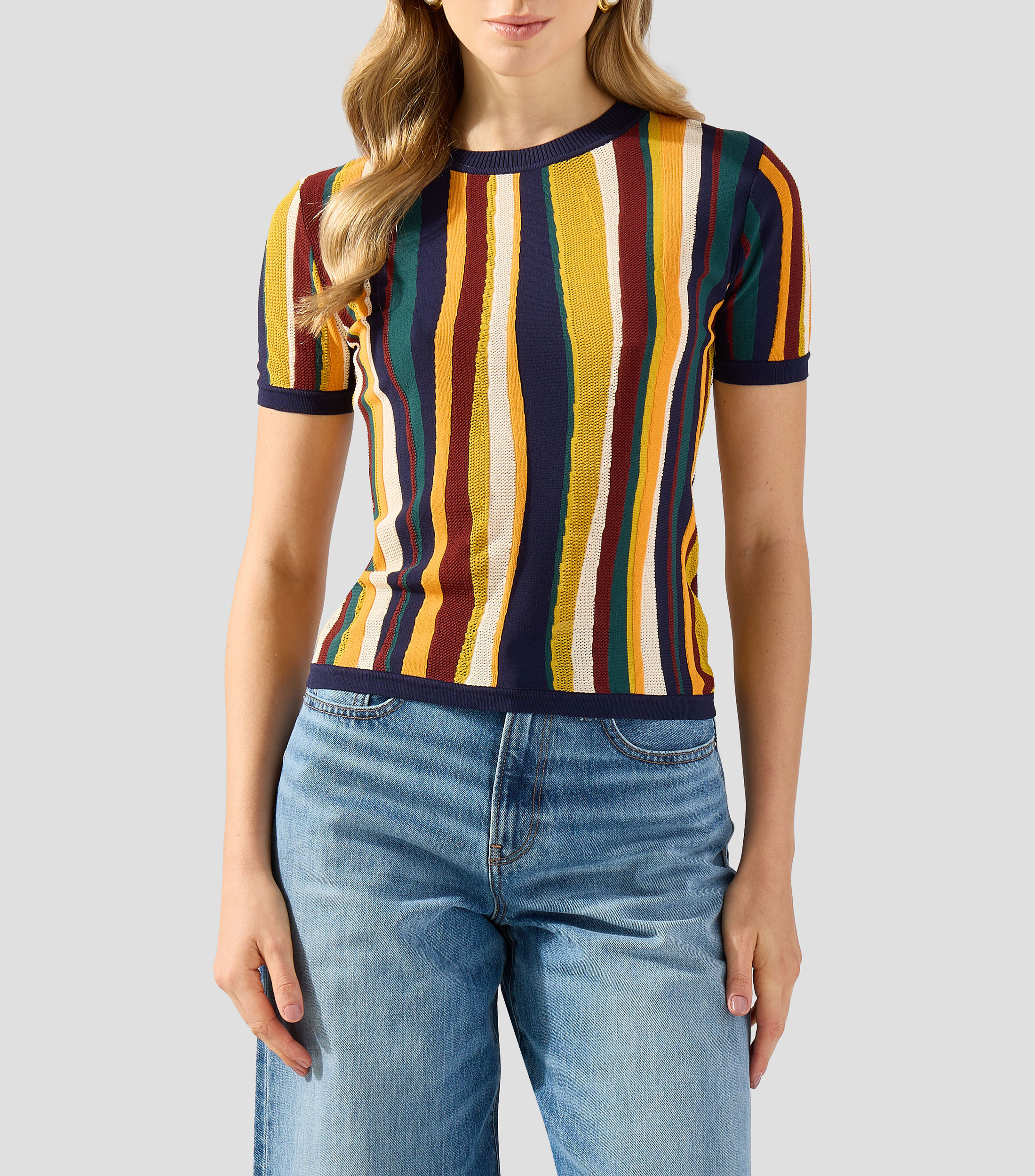 Playera cuello redondo manga corta a rayas Mujer