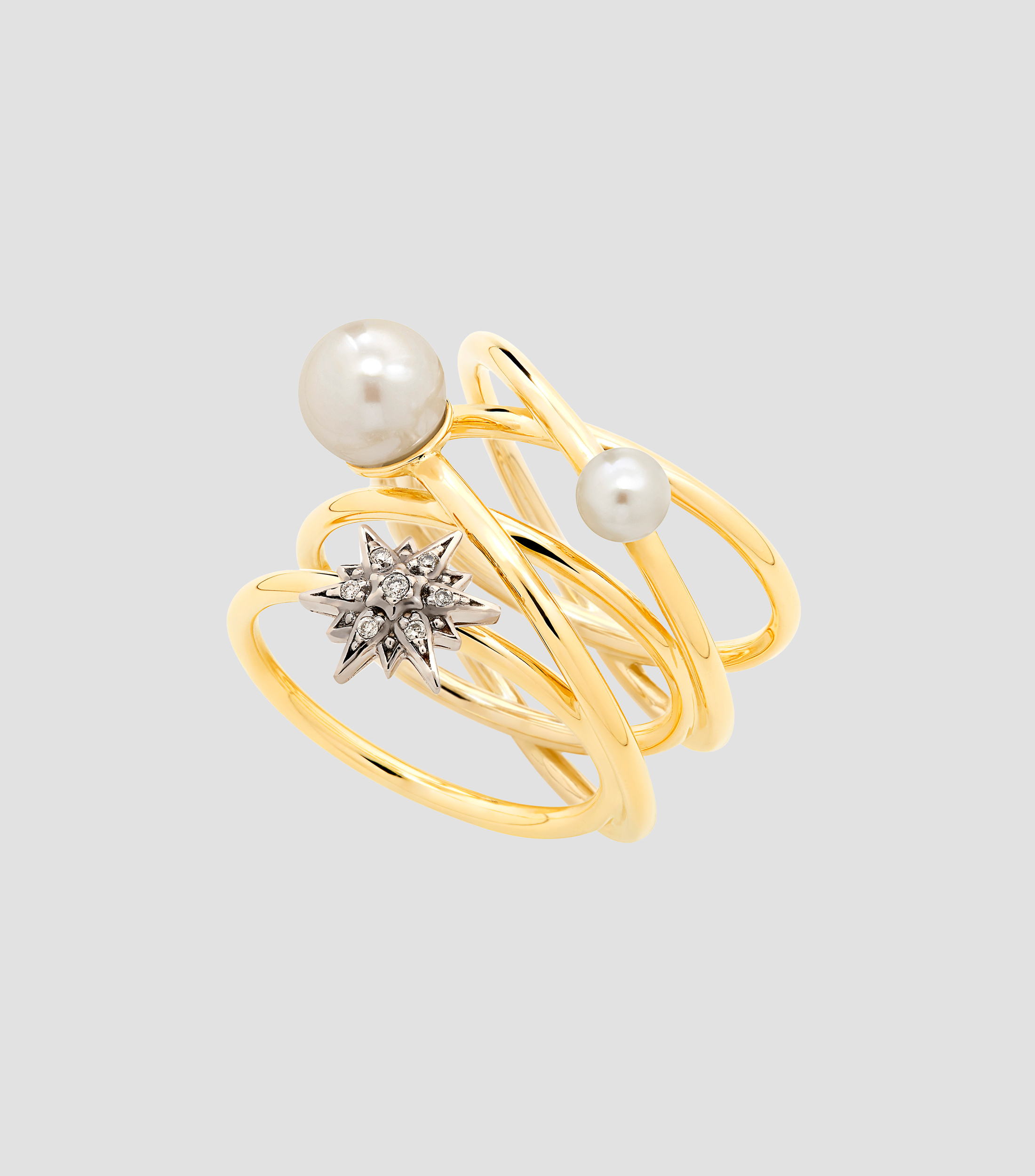 Anillo en oro amarillo de 18 Kilates con perlas y diamantes Mujer