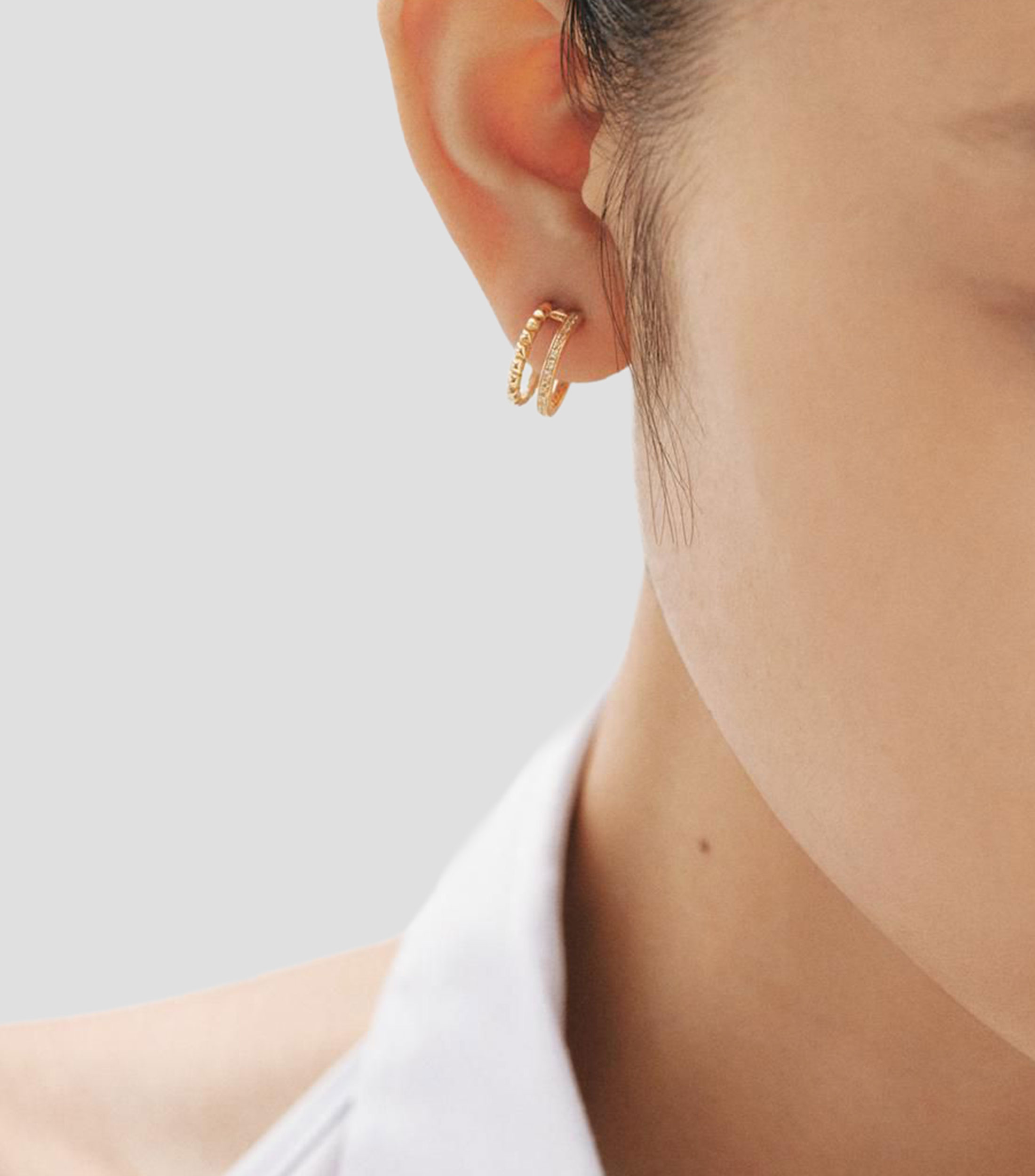 Pendientes de aro dobles en plata .925 con relieve y topacios blancos Rush Mujer