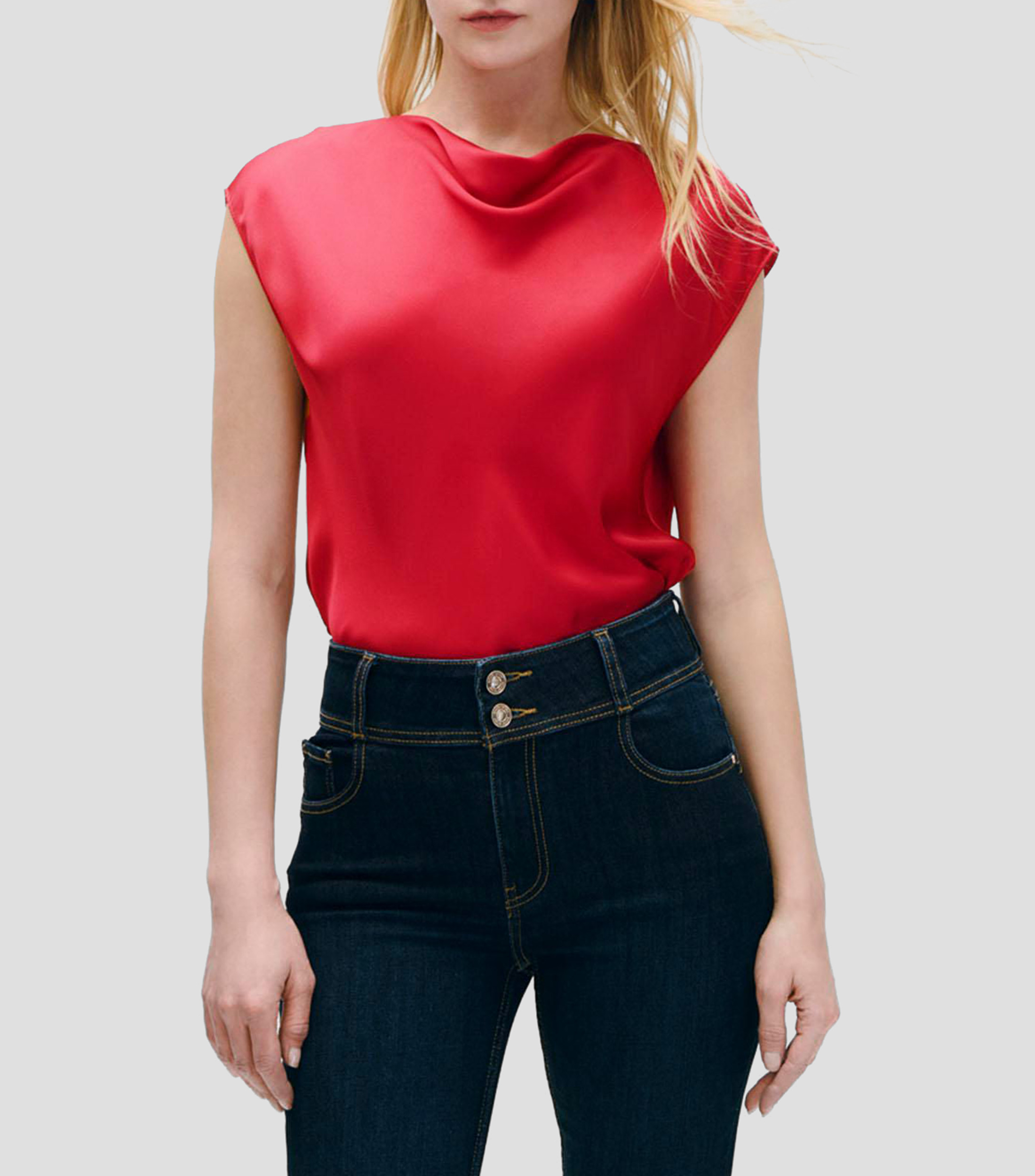 Blusa De Satín Fucsia Escote Drapeado Mujer