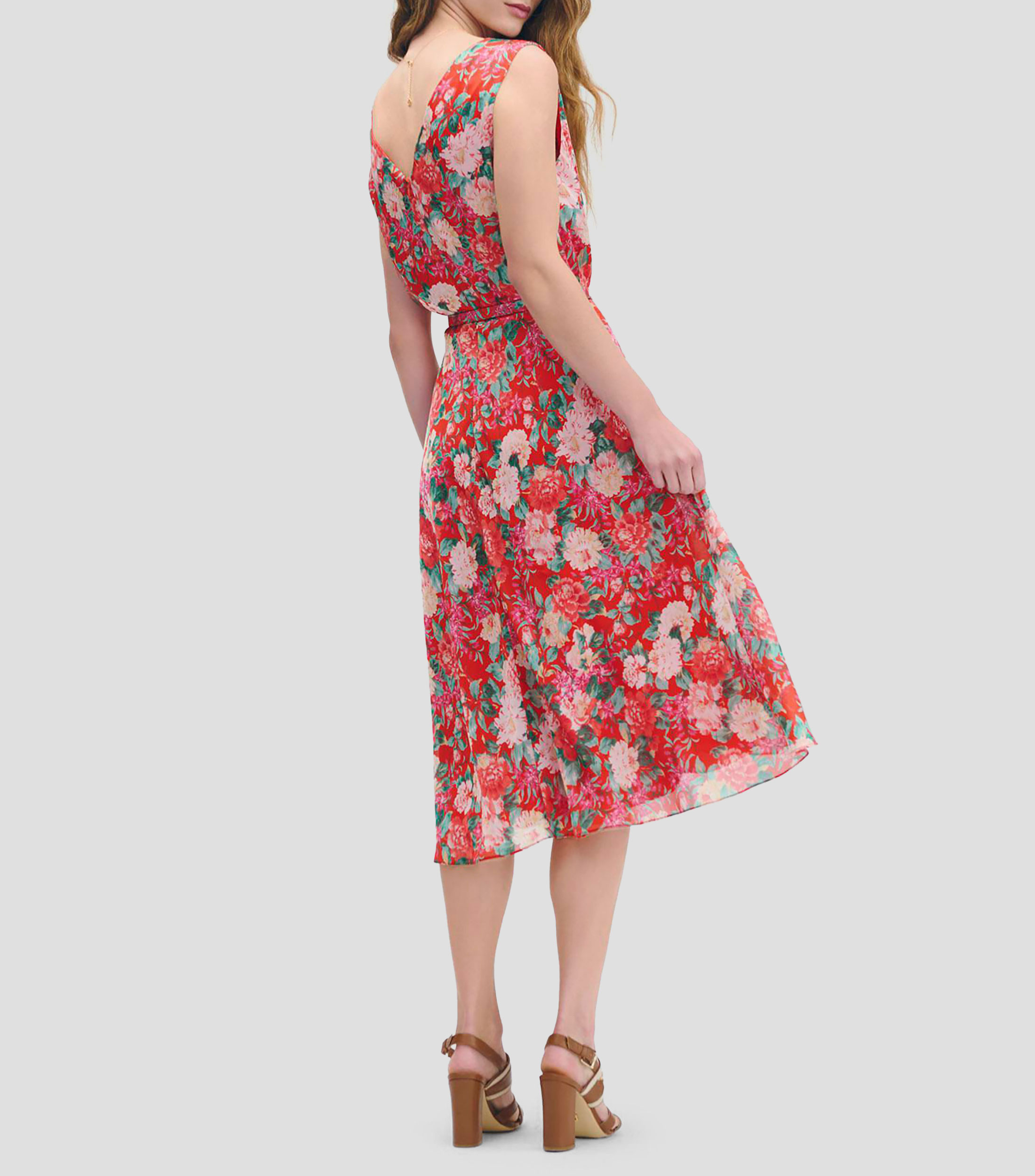 Vestido línea A de satín rojo estampado floral escote V con cinturón Mujer