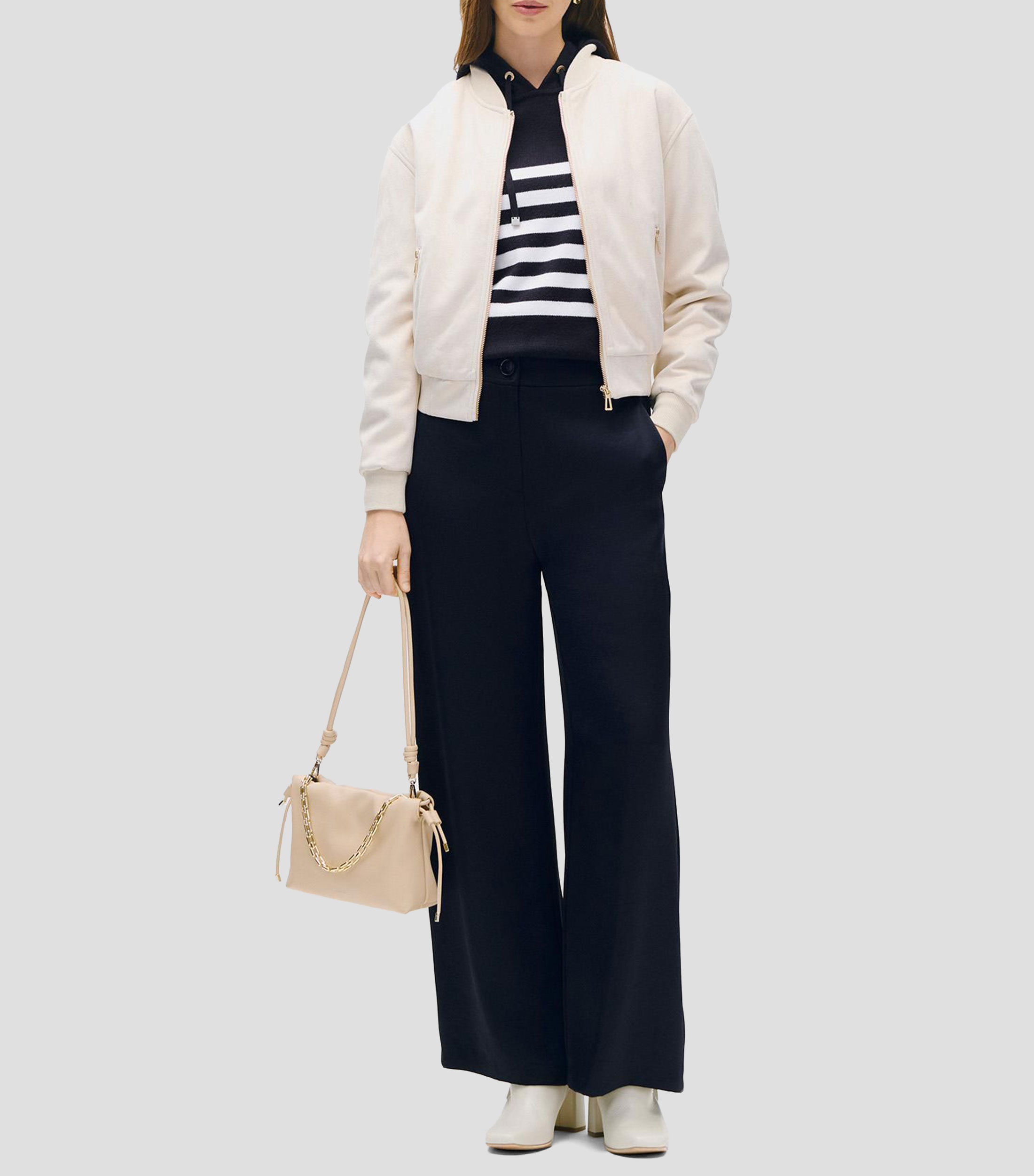 Chamarra bomber off white de ante con lúrex oro Mujer