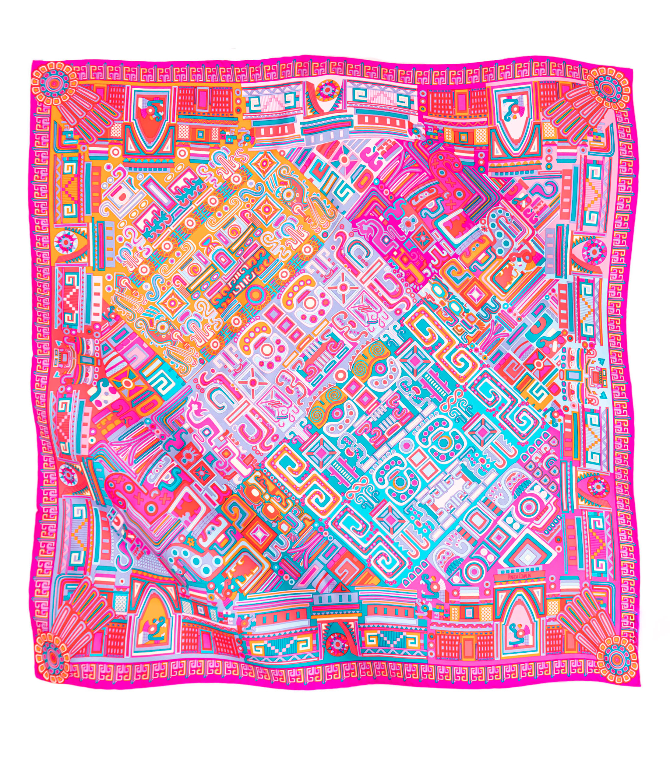 Mascada de seda rosa con decorado prehispánico Mujer