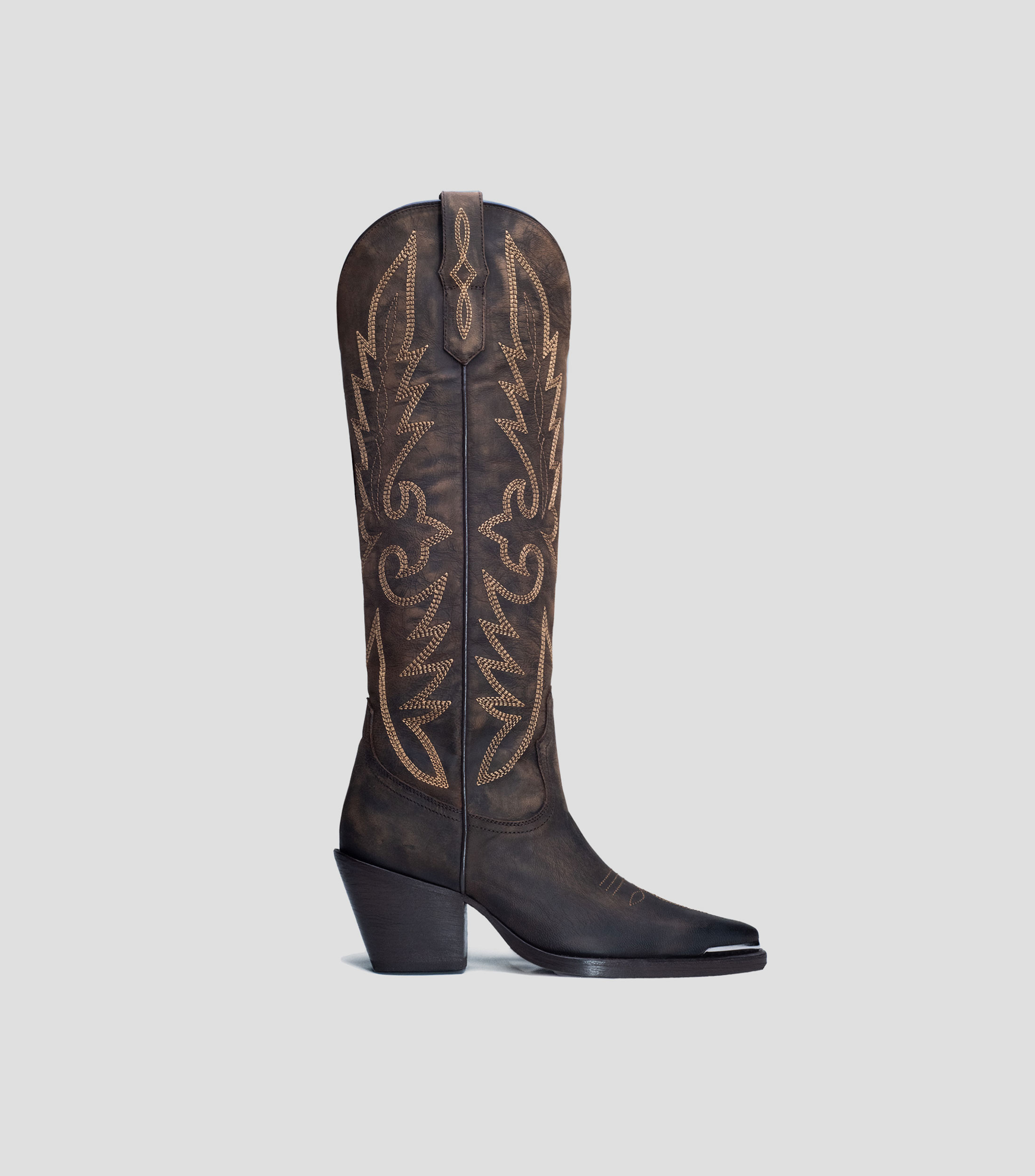 Botas casuales largas en piel con tacón medio cuadrado Mujer